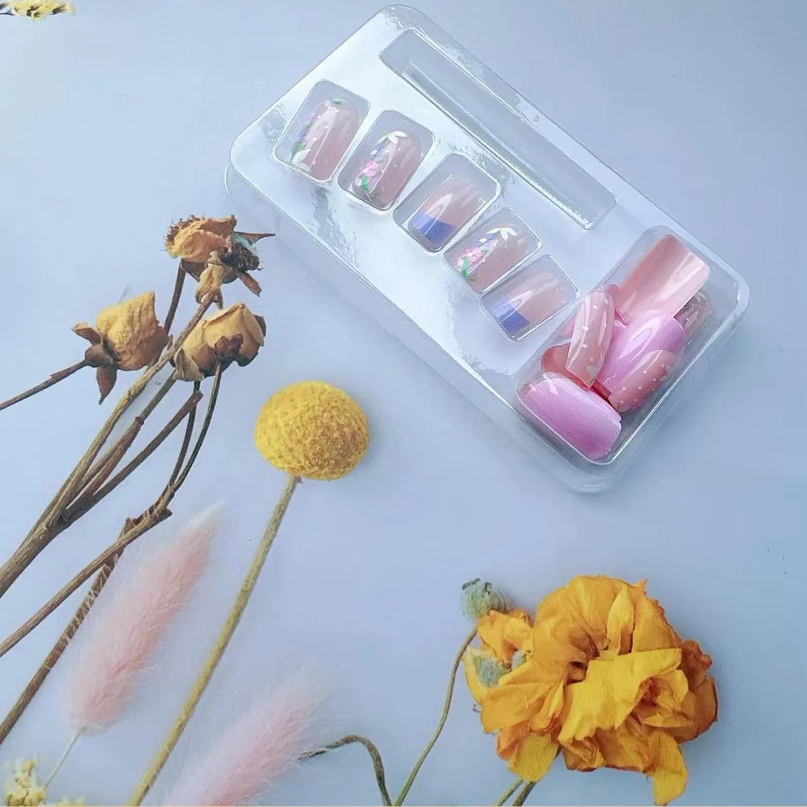 Набор накладных ногтей GlamRays Pink Flowers Short Almond 24 штуки Светло-розовый, фото №3