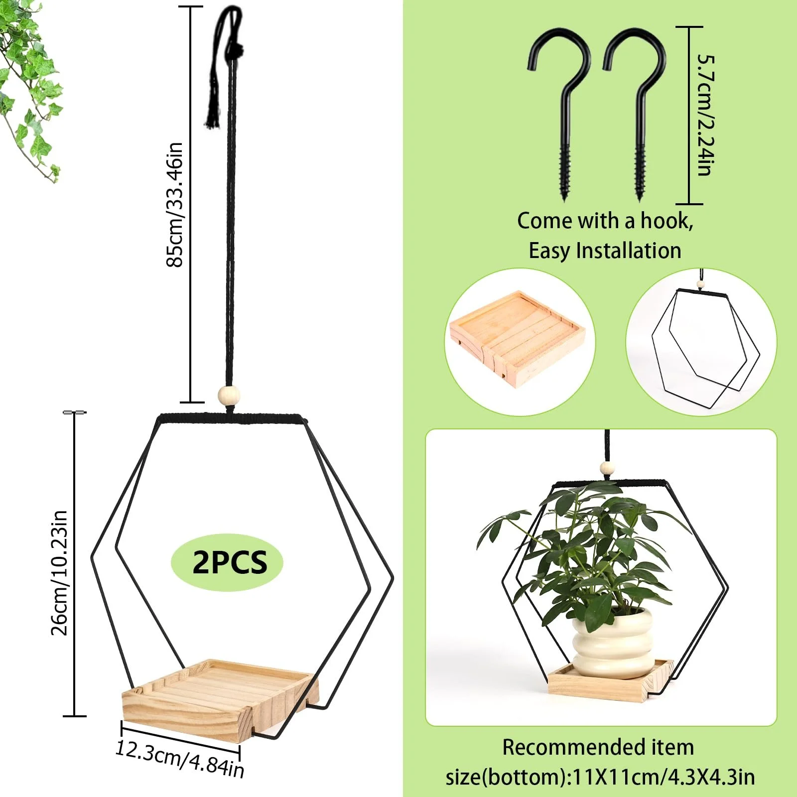 Набір підвісних кошиків Rzspher 2 шт. З дерев'яною основою 26 см Чорний, фото №2 Набір підвісних кошиків Rzspher 2 шт. З дерев'яною основою 26 см Чорний, фото №2