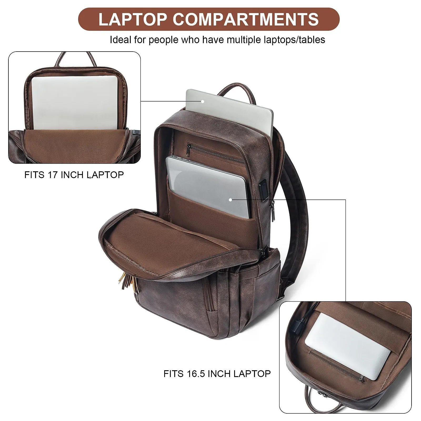 Рюкзак Shrrie для ноутбука 17 дюймів 28L з веган-шкіри з USB chocolate, фото №5 Рюкзак Shrrie для ноутбука 17 дюймів 28L з веган-шкіри з USB chocolate, фото №5