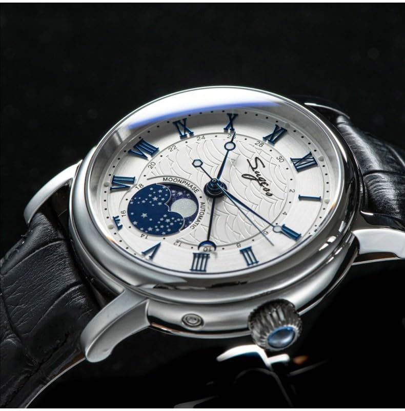 Часы Seestern Sugess Moon Phase Mechanical Steel Leather Мужские Сапфир Черный Белый Кожаный Ремешок, фото №3