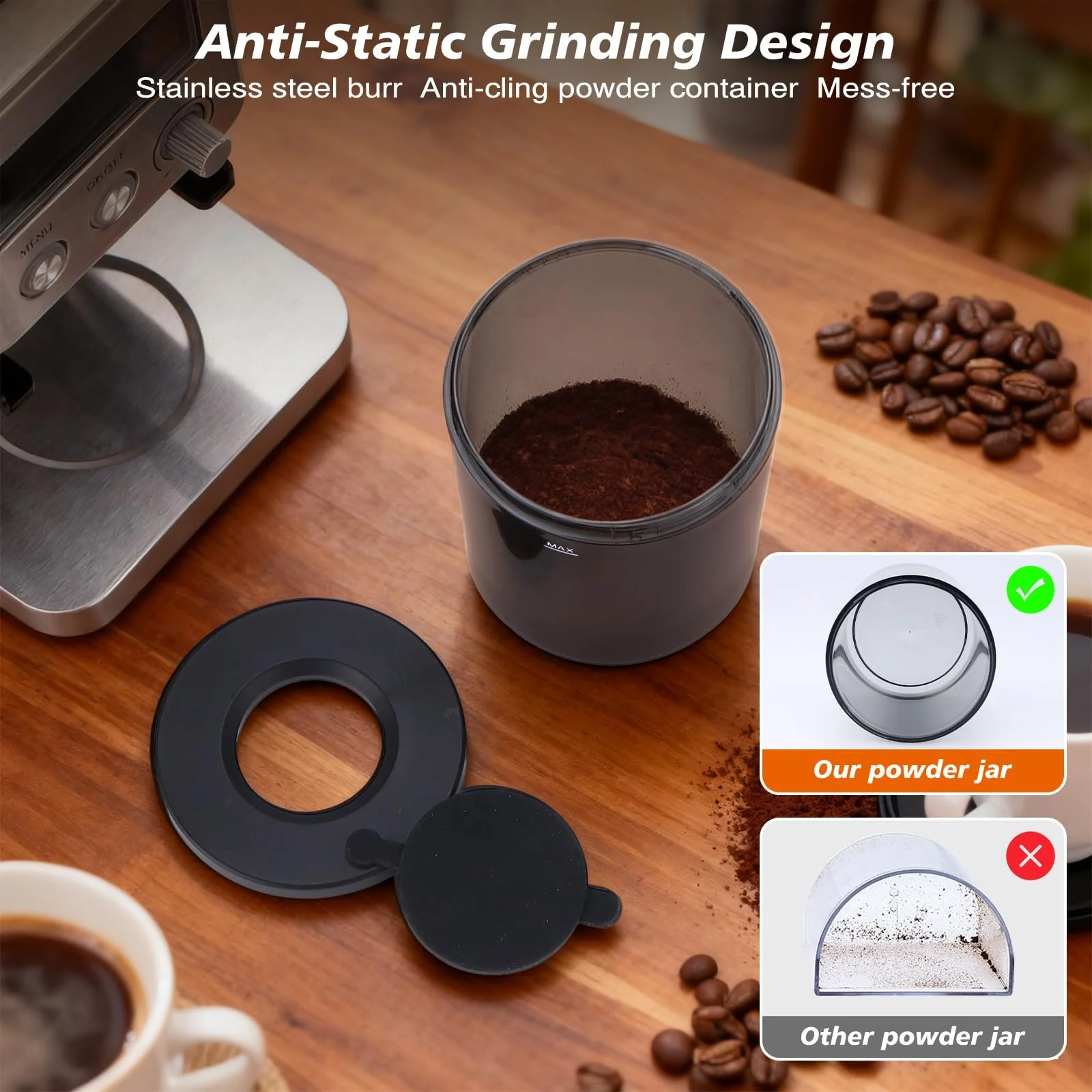 Кофемолка Homtone Электрическая из нержавеющей стали для портафильтра, с LCD экраном, 31 уровень помола, Коническая , для эспрессо/фильтр-кофе/заваривания кофе, фото №7