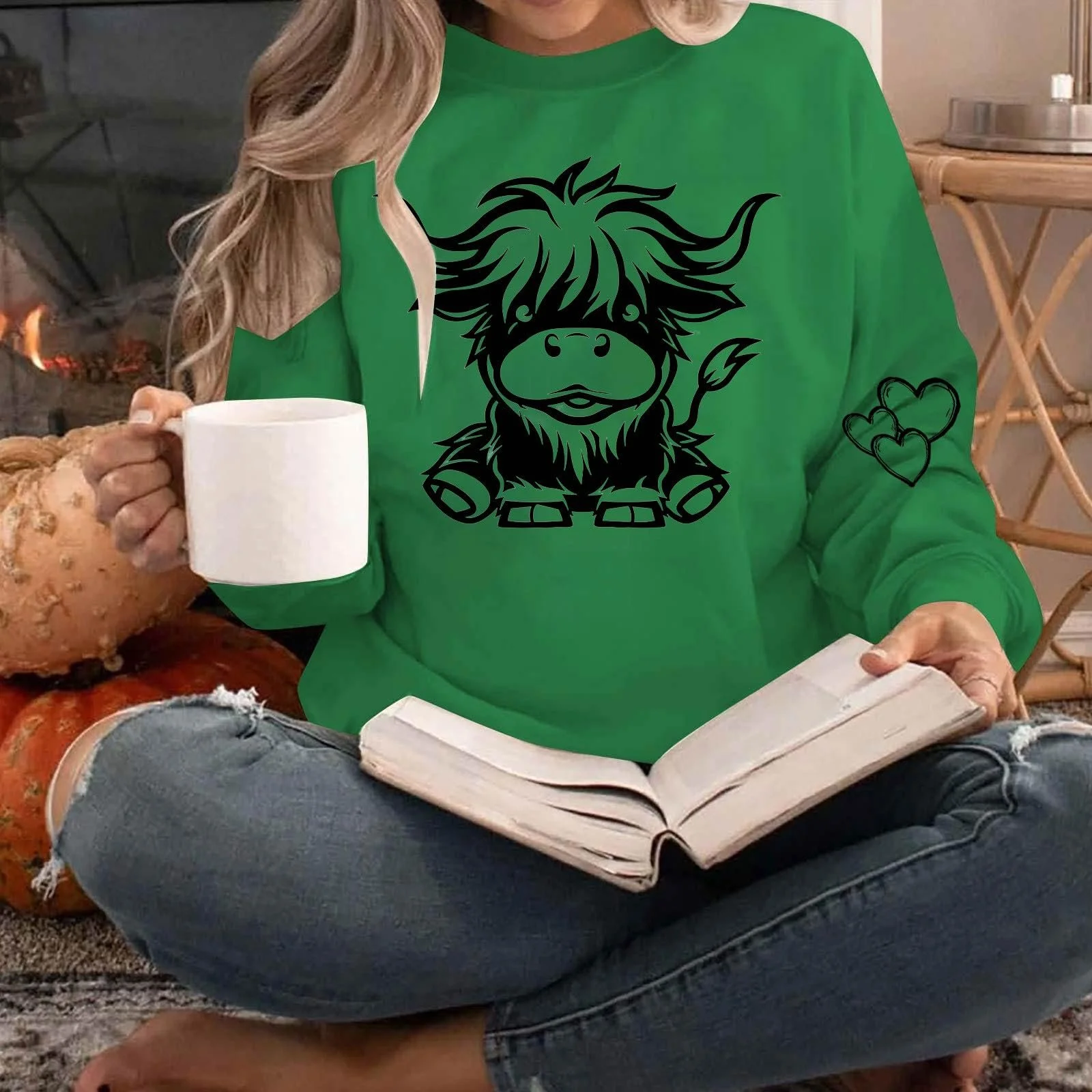 Рубашка с длинными рукавами Komiseup Basic, круглый вырез, модные звериные мотивы, спортивный пуловер с длинными рукавами, свитшот без капюшона, свободный повседневный пуловер, праздничная спортивная рубашка с коровьим мотивом для девушек-подростков, уличная одежда 15, фото №4