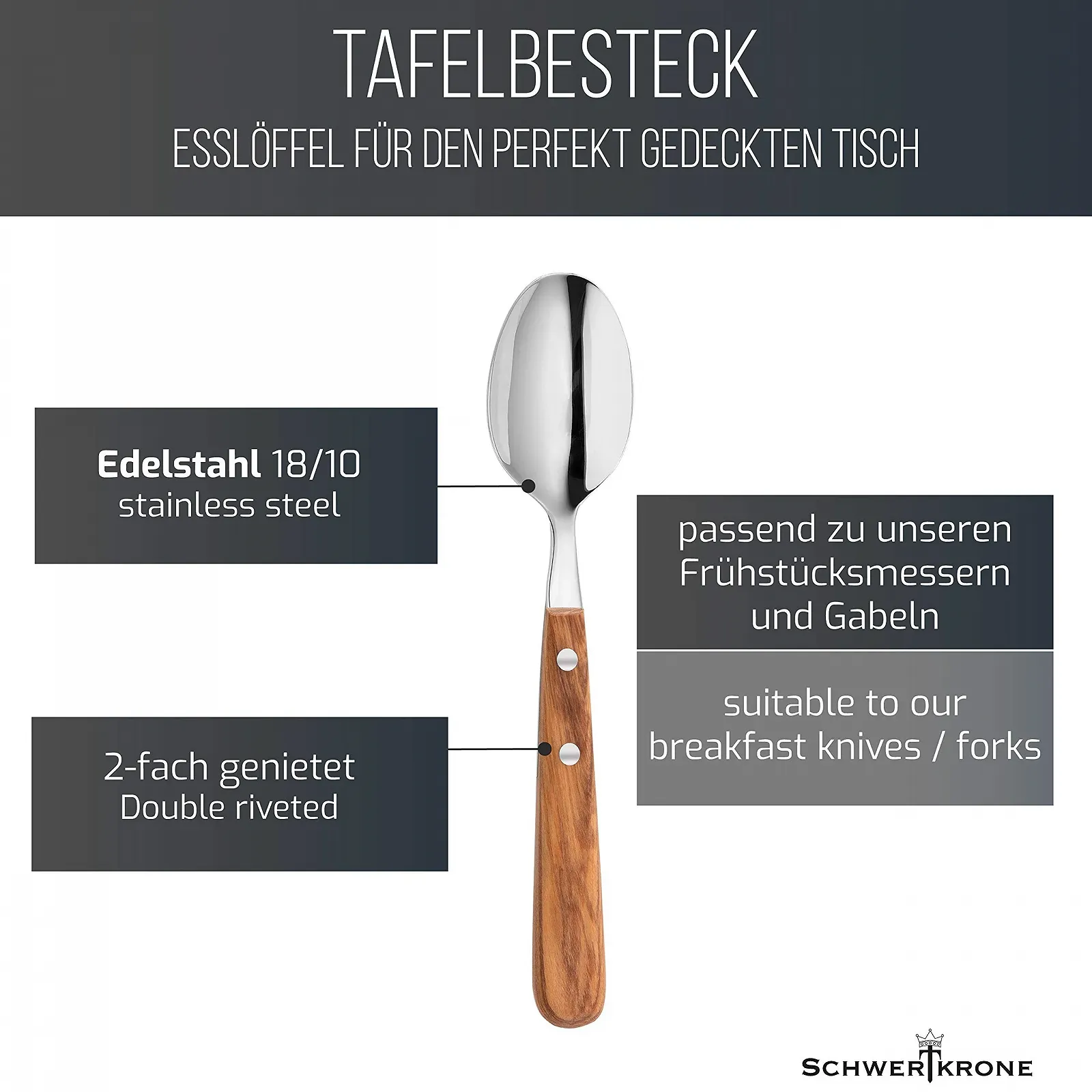 Ложка для супу SCHWERTKRONE 20 см [Оливкове дерево та нержавіюча сталь], фото №3