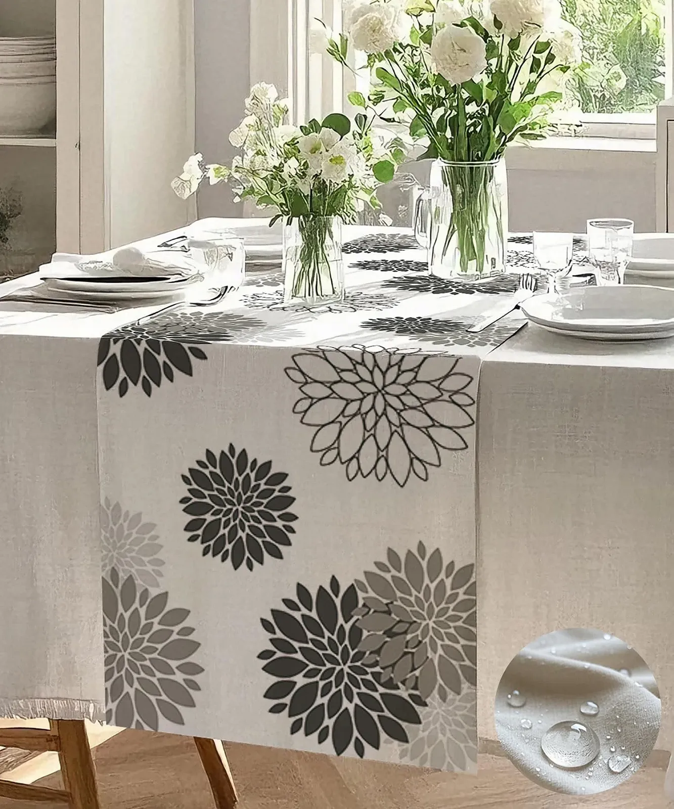 Ранер для столу Dahlia Modern квіти водовідштовхувальний льон 33 x 120 см сірий, фото №1 Ранер для столу Dahlia Modern квіти водовідштовхувальний льон 33 x 120 см сірий, фото №1
