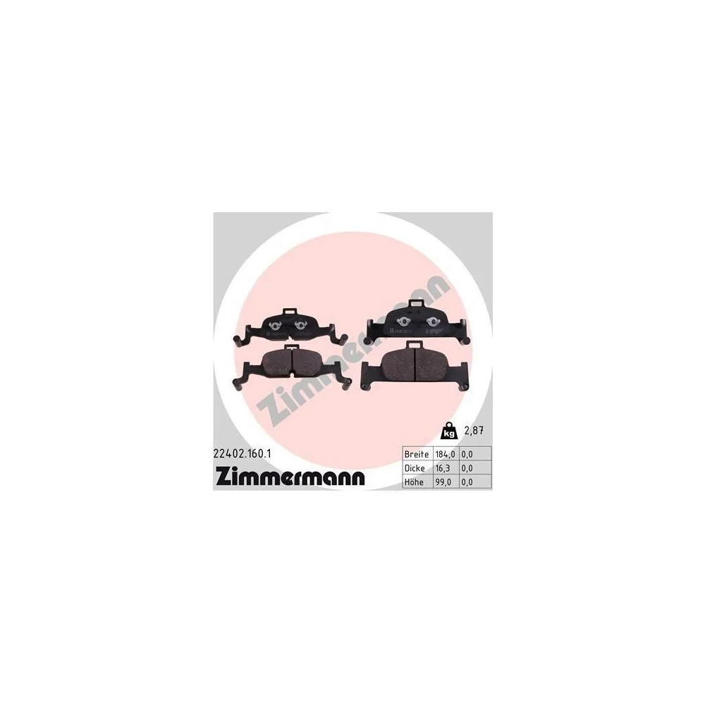 Комплект гальмівних колодок, дискове гальмо ZIMMERMANN 22402.160.1 для AUDI, фото №1