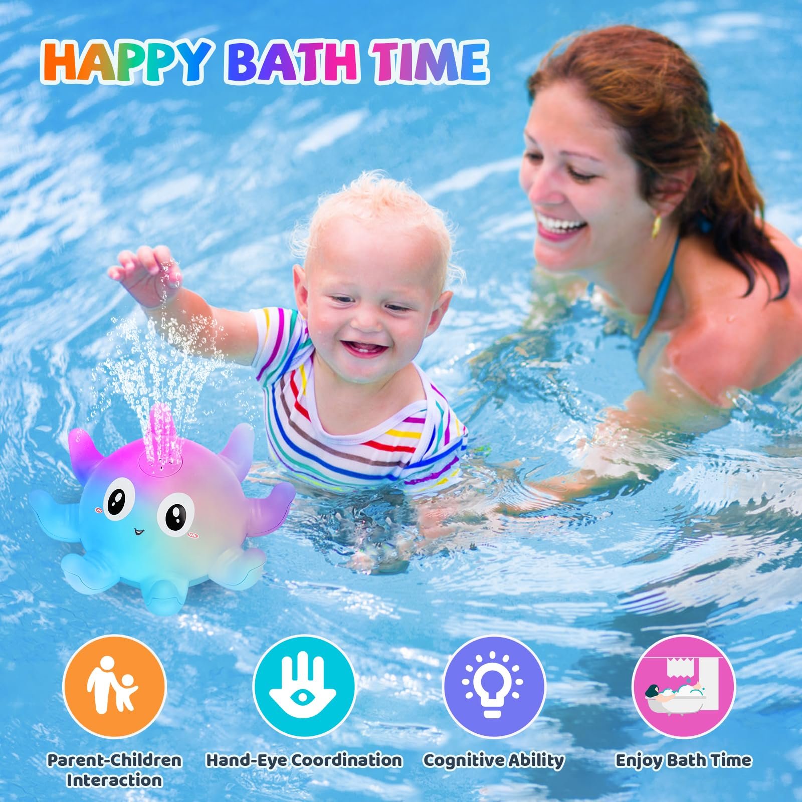 Іграшка для ванни Восьминіг з розпиленням води та підсвічуванням Синій, фото №2