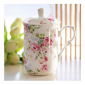 Чашка для чая Цветочный Античный Стиль Большая Фарфоровая Кружка с Крышкой (безопасна для мытья в посудомоечной машине и микроволновой печи) - Фото 1