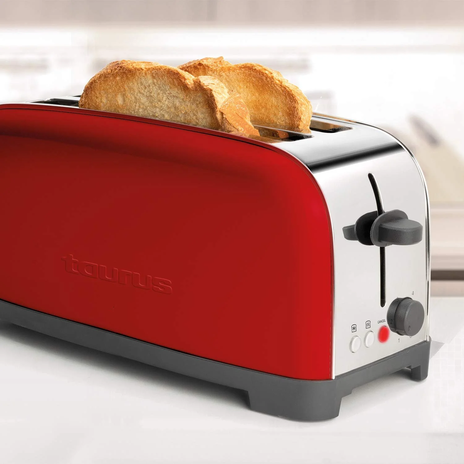 Тостер Taurus Vintage Red, 1400 Вт, 6 рівнів підсмажування, два дуже довгі слоти з регульованою шириною, функції: Стоп, Розігрів та Розморожування, автоматичне центрування хліба, нержавіюча сталь, фото №3