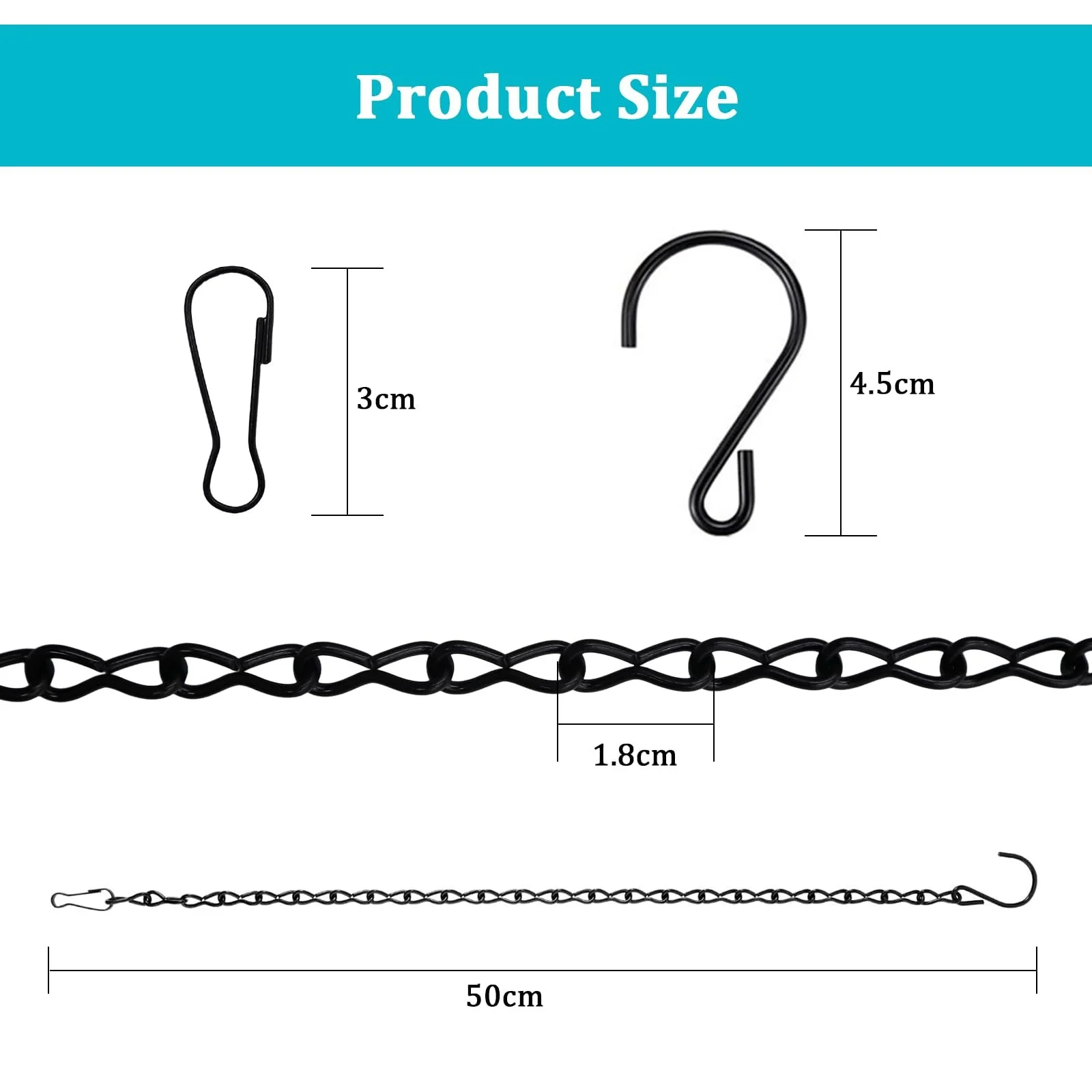 Ланцюжки для підвісних кошиків 8 шт. Метал 50 см Чорний З гачками та затискачами, фото №2