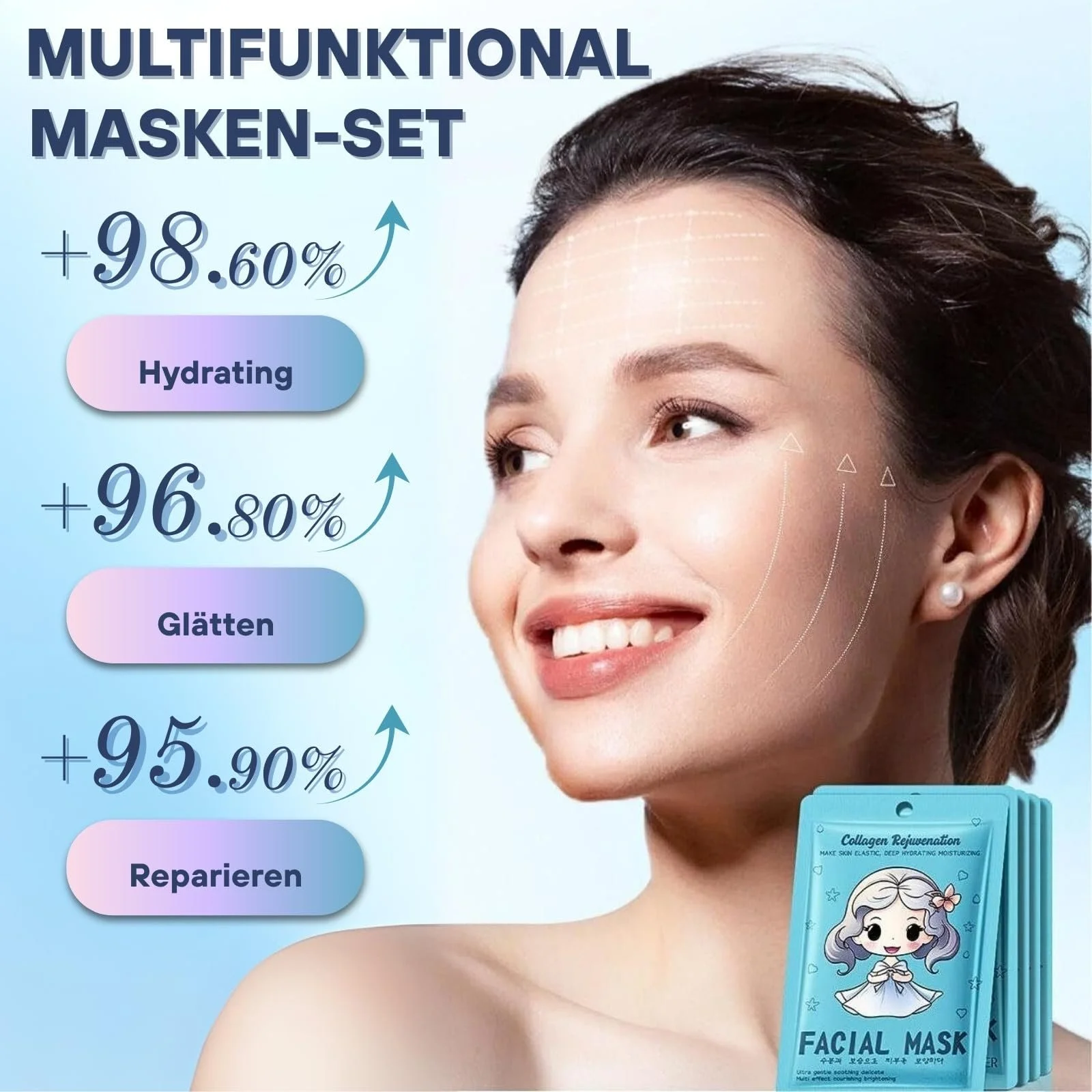 Тканинна маска для обличчя Набір 6 шт. Niacinamide, Hyaluronic Acid, Collagen, зволожуюча, фото №2