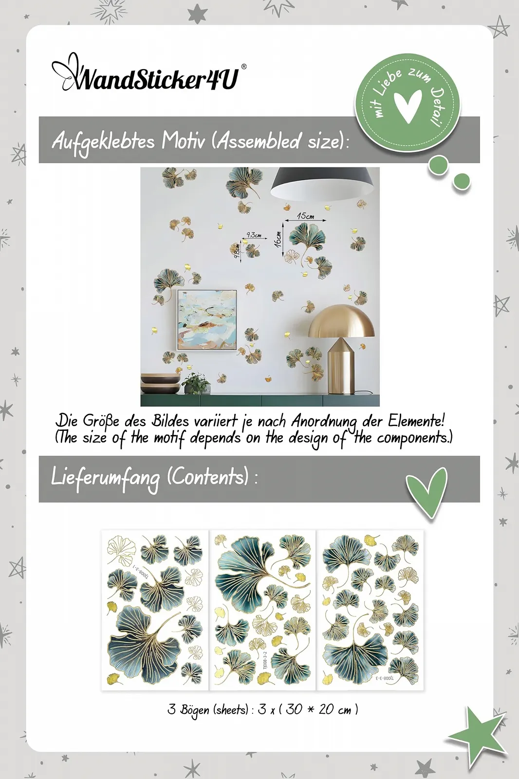 Наклейка на стіну WandSticker4U Листя гінкго 20 x 30 см золотий/зелений 3 шт, фото №5