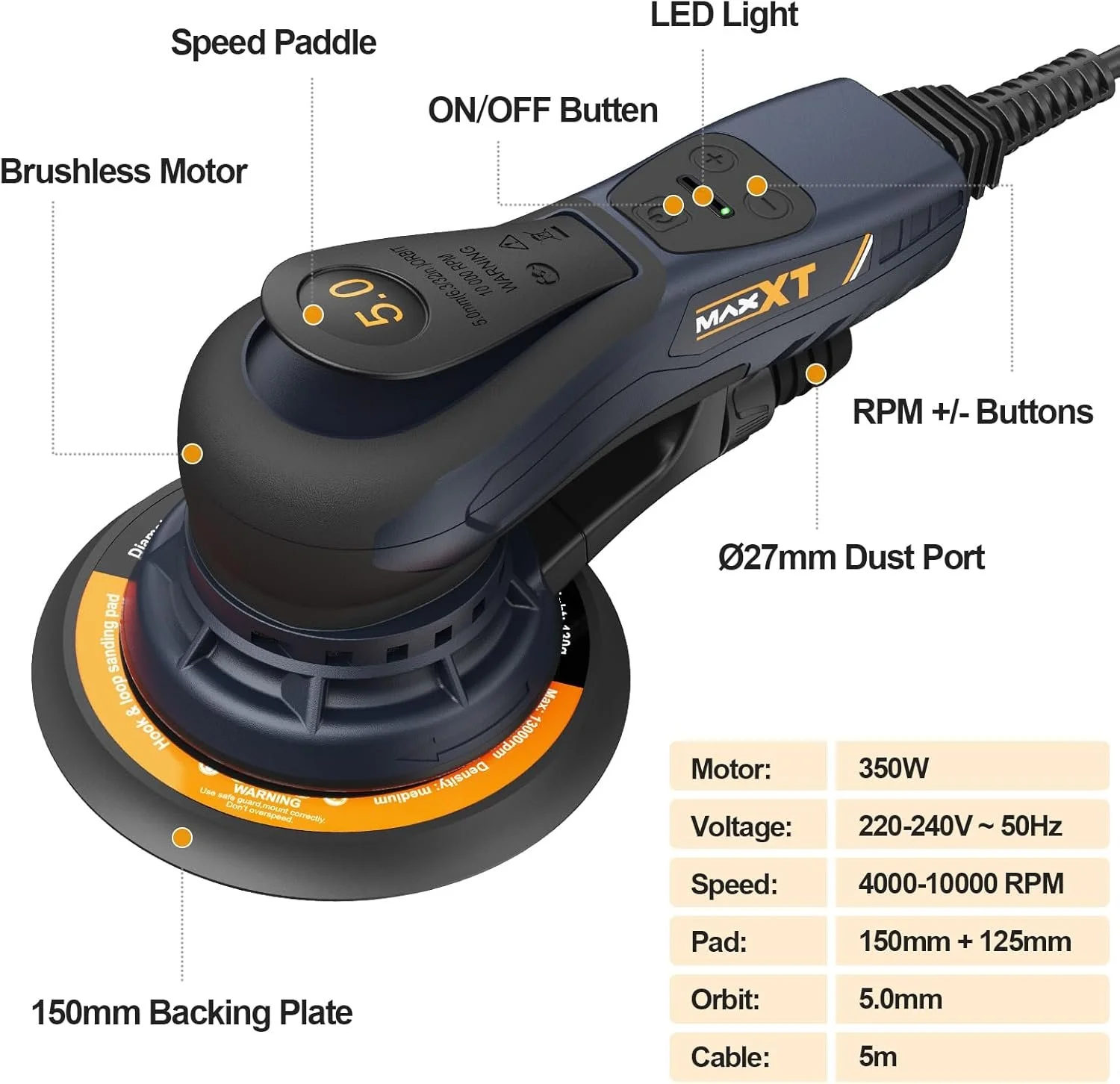 Бесщеточная эксцентриковая шлифмашина MAXXT / 230 В / 4000 - 10000 об/мин / 350 Вт / Черный, фото №4