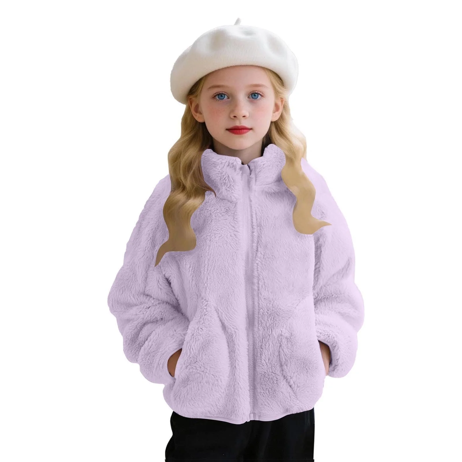 Пальто дитяче зимове плюшеве на блискавці з кишенями, однотонне, фото №2