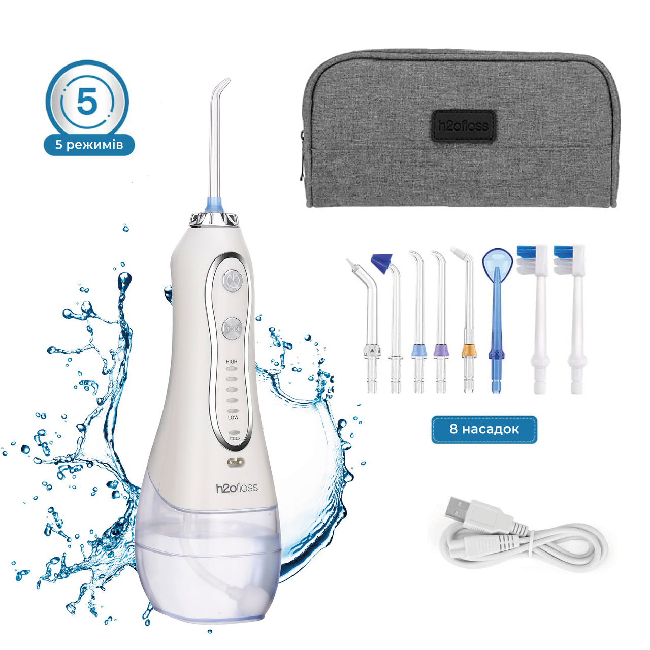 Ирригатор для полости рта H2ofloss Travel Kit HF-6 с насадками White, фото №1