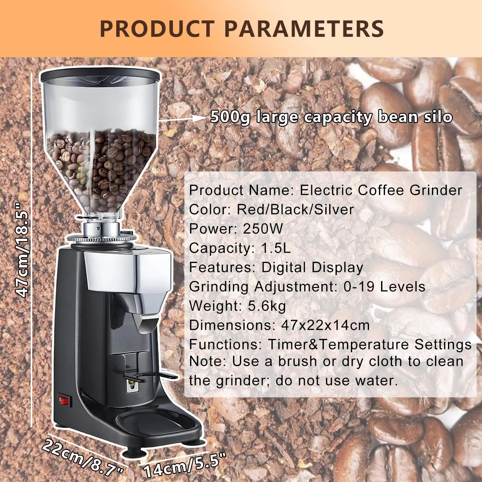 Електрична кавомолка Red з 19 налаштуваннями помелу, регулюванням на одну/дві чашки, дисплеєм температури та таймером, фото №8