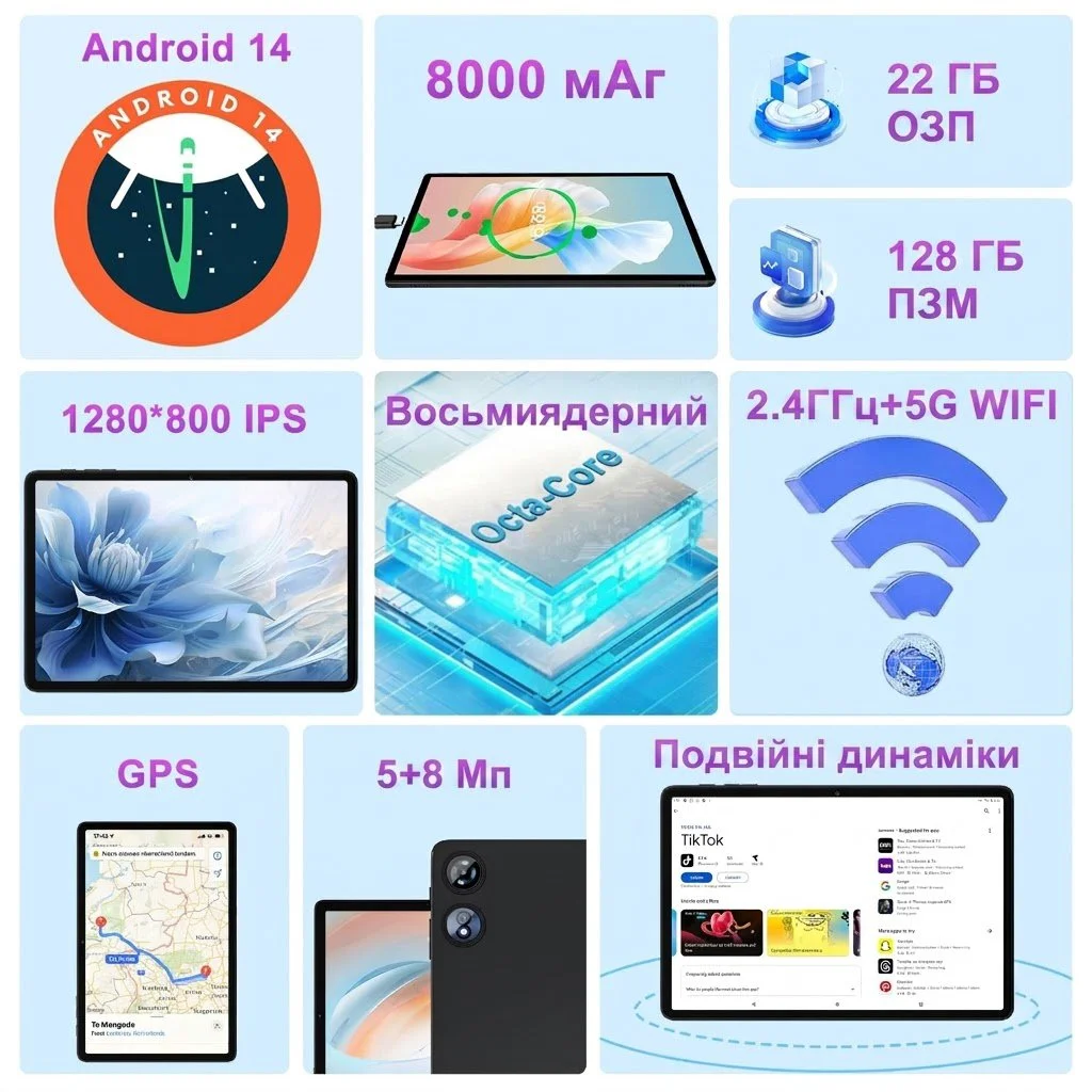Планшет 10.1" UJJ U3 (6+16)/128ГБ 8 ядер Android 14 8000 mAh Чорний, фото №2