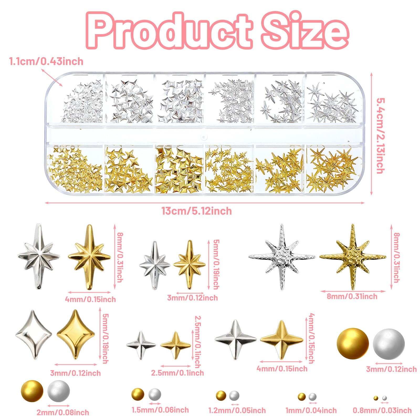 Украшения для ногтей Набор 2200 шт. Звезда Золото Серебро Металл, фото №2