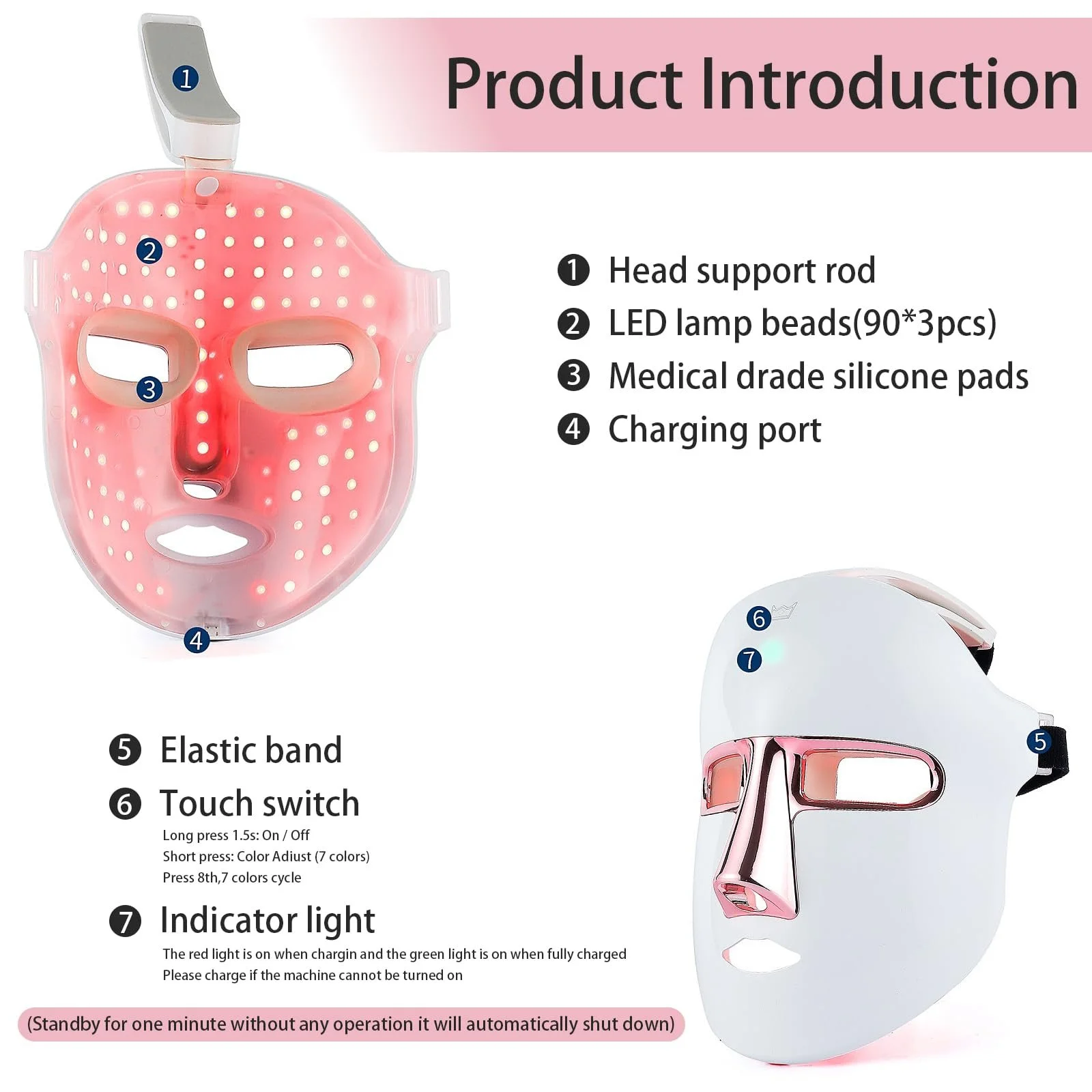 Бездротова LED маска для обличчя Beauty, 7 кольорів, світлова фотонна спа-терапія для обличчя, фото №5