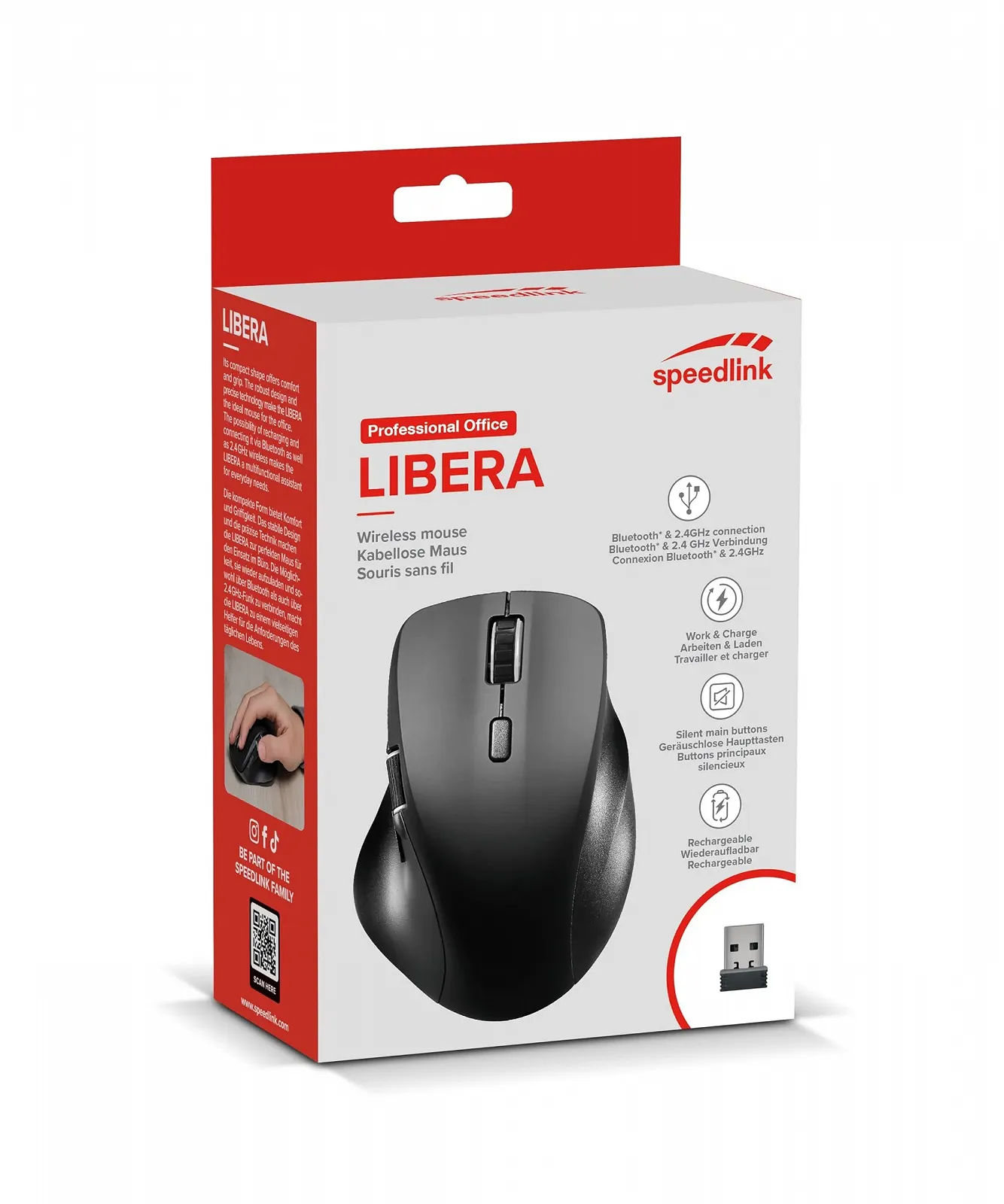 Мышь Speedlink Libera Silent Bluetooth, бесшумная, аккумуляторная, эргономичная, 2 профиля Bluetooth и USB 2.4GHz, колесо прокрутки под большой палец, 3200 DPI, черная, фото №6