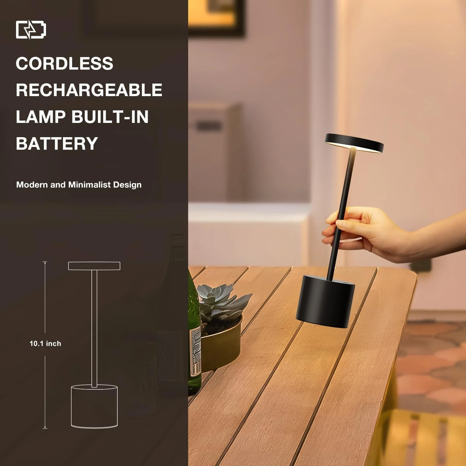 Настільна лампа PreeOtti Комплект із 2 шт. Акумуляторна Сенсорна 25 см Чорна, фото №7