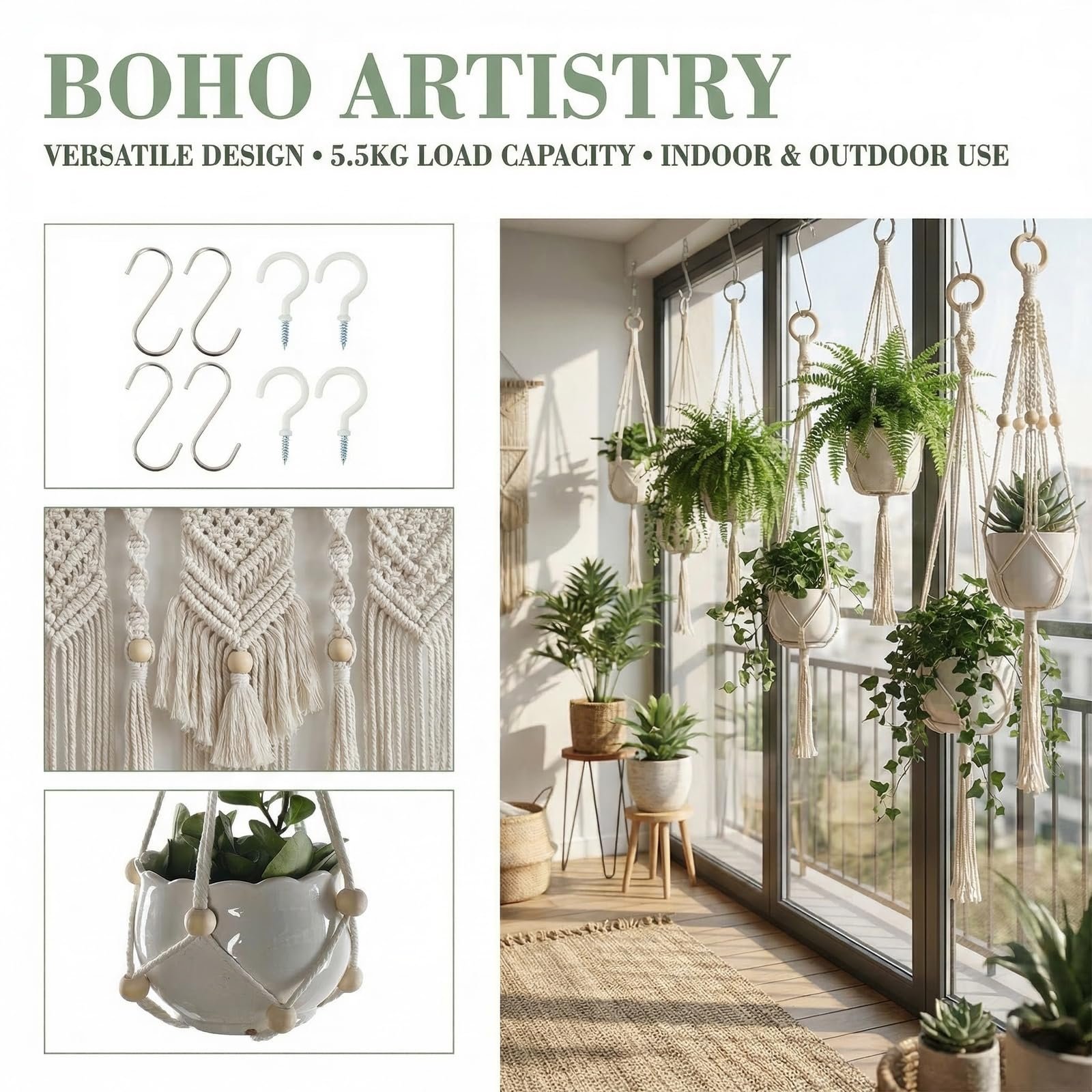 Підвісні кашпо макраме 4 шт з 8 гачками бавовна бежеві, фото №3