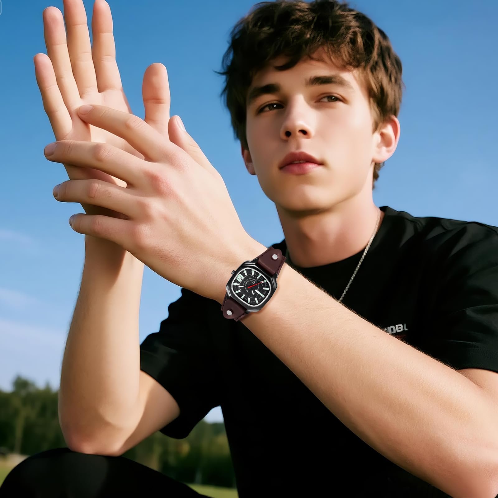 Женские часы Квадратные часы с кожаным ремешком JewelryWe Винтажные аналоговые кварцевые наручные часы для женщин и мужчин Ремешок из натуральной кожи Часы в стиле Хэллоуин панк со светящимися стрелками и большим черным квадратным циферблатом, фото №6 Женские часы Квадратные часы с кожаным ремешком JewelryWe Винтажные аналоговые кварцевые наручные часы для женщин и мужчин Ремешок из натуральной кожи Часы в стиле Хэллоуин панк со светящимися стрелками и большим черным квадратным циферблатом, фото №6