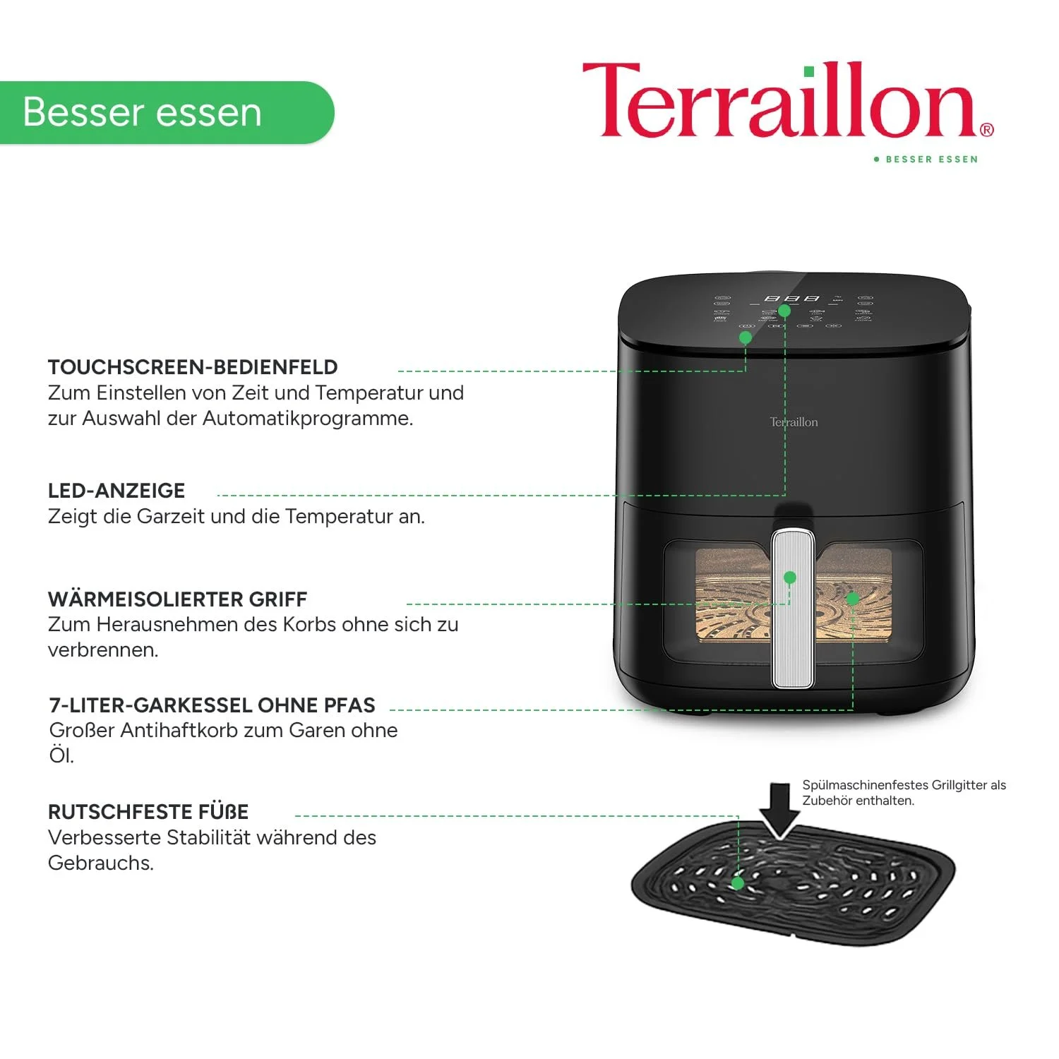 Мультипіч TERRAILLON COOK&FRY XL 7 л 2300 Вт подвійне нагрівання без PFAS 8 програм LED сенсорний екран, фото №5 Мультипіч TERRAILLON COOK&FRY XL 7 л 2300 Вт подвійне нагрівання без PFAS 8 програм LED сенсорний екран, фото №5