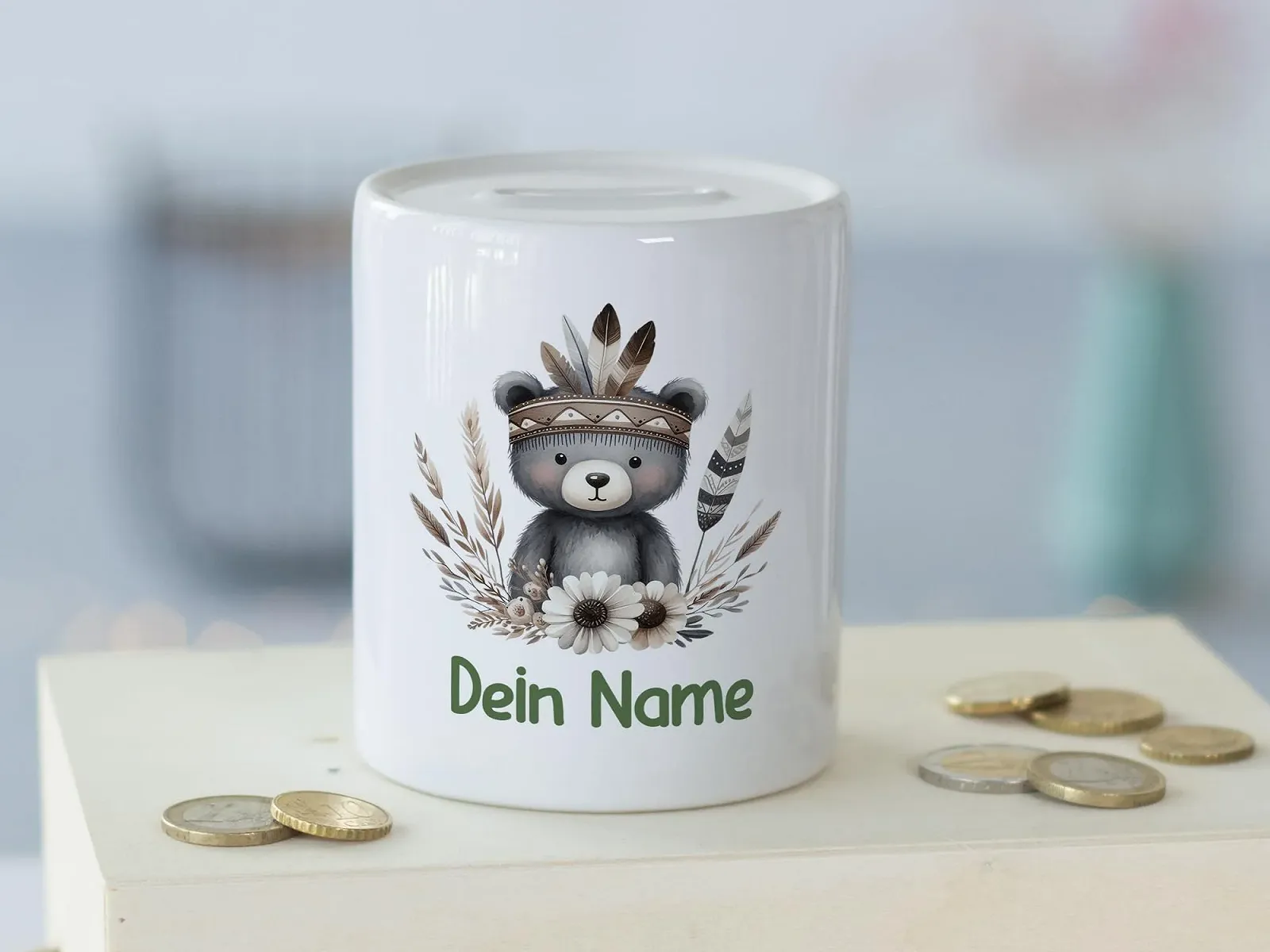 Скарбничка GRAZDesign Ведмідь-індіанець з пером персоналізована для дітей, фото №2