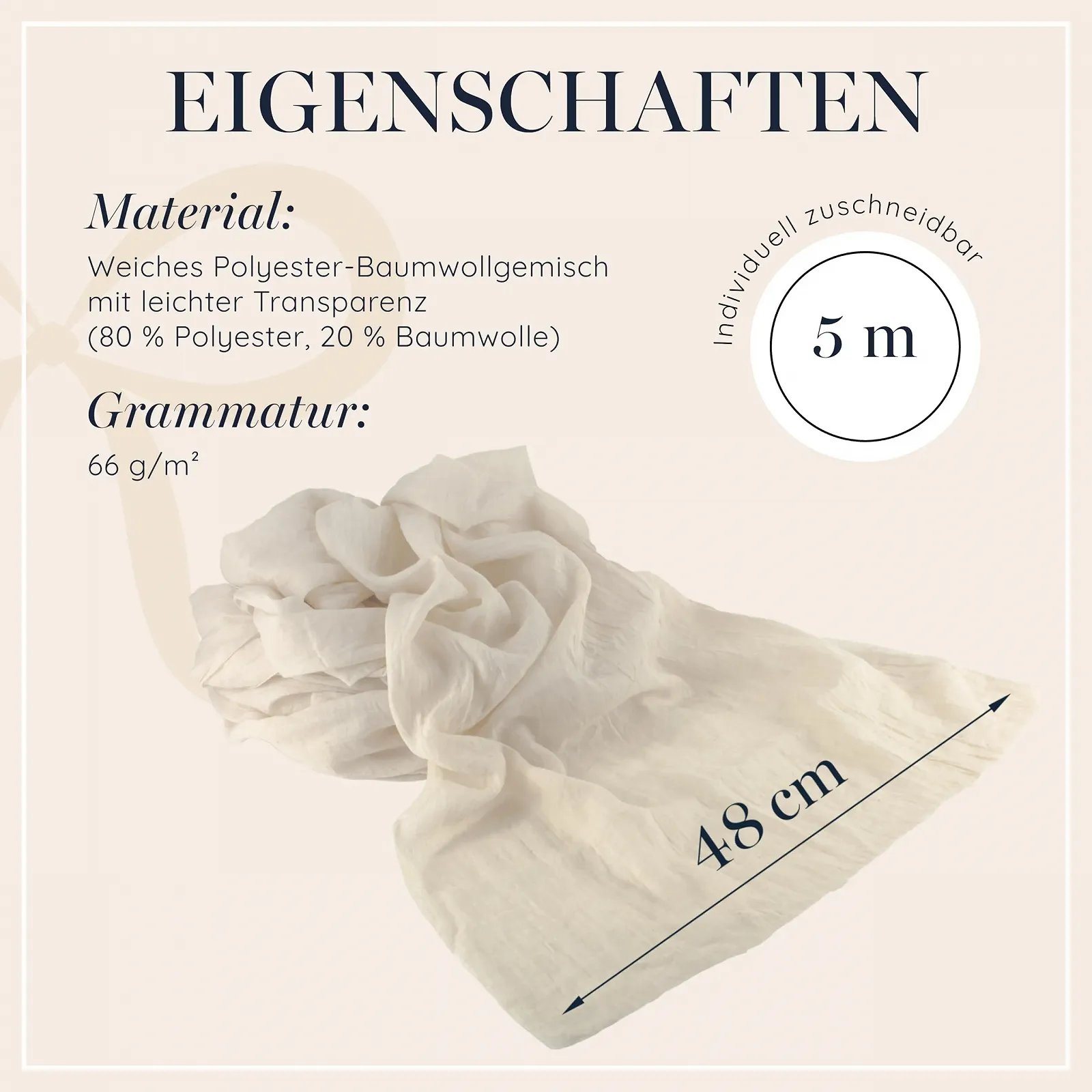 Ранер для столу 100%Mosel Muslin 48 см x 5 м 66 г/м² Натуральний бежевий, фото №4 Ранер для столу 100%Mosel Muslin 48 см x 5 м 66 г/м² Натуральний бежевий, фото №4