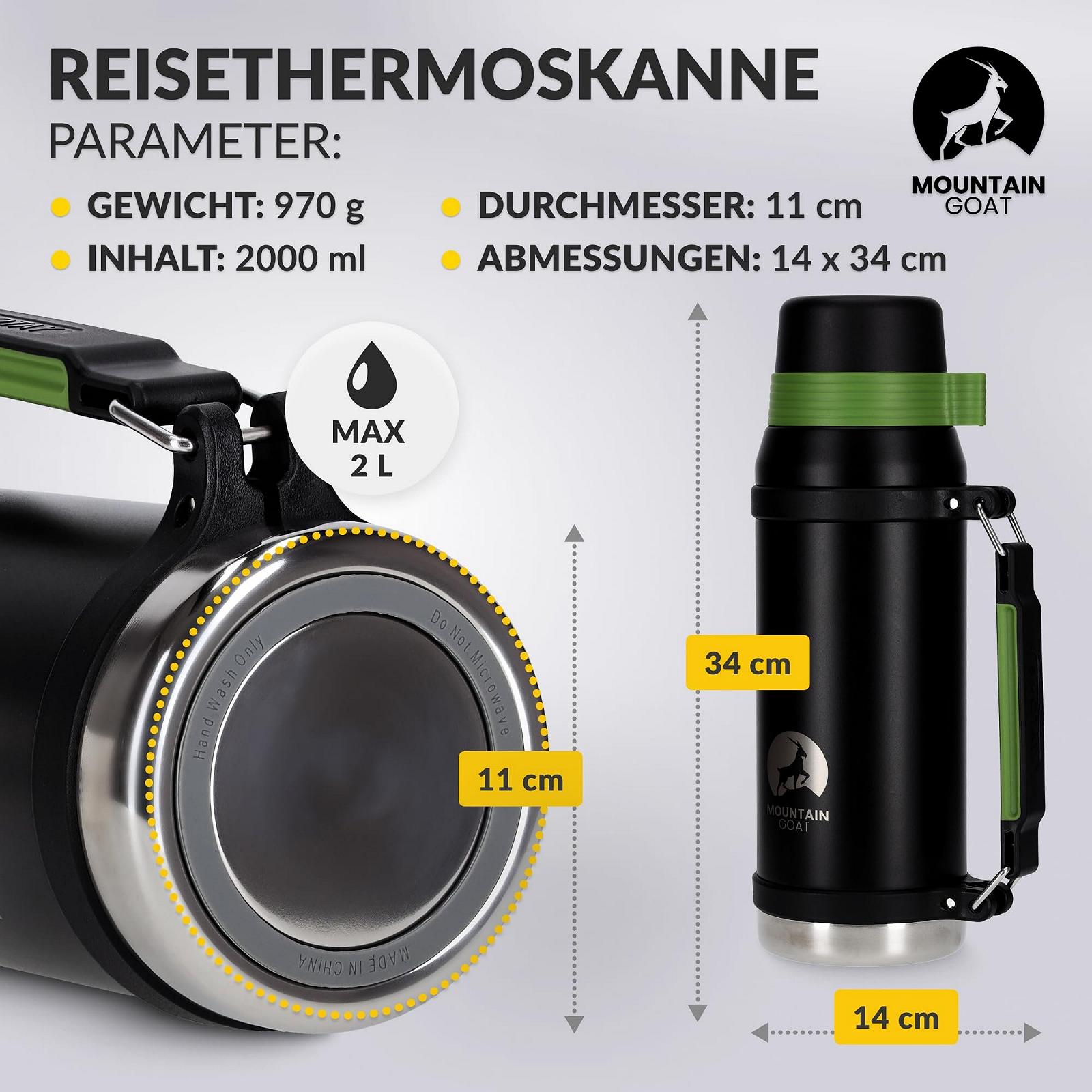 Термос MOUNTAIN GOAT XXL 2 l нержавіюча сталь, з ручкою, 24 години тепла, 48 годин холоду, герметичний, чорний/зелений, фото №2 Термос MOUNTAIN GOAT XXL 2 l нержавіюча сталь, з ручкою, 24 години тепла, 48 годин холоду, герметичний, чорний/зелений, фото №2