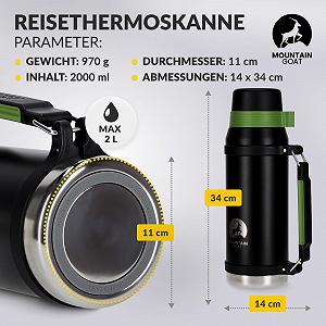 Термос MOUNTAIN GOAT XXL 2 l нержавіюча сталь, з ручкою, 24 години тепла, 48 годин холоду, герметичний, чорний/зелений synthetic.ua - Фото 1