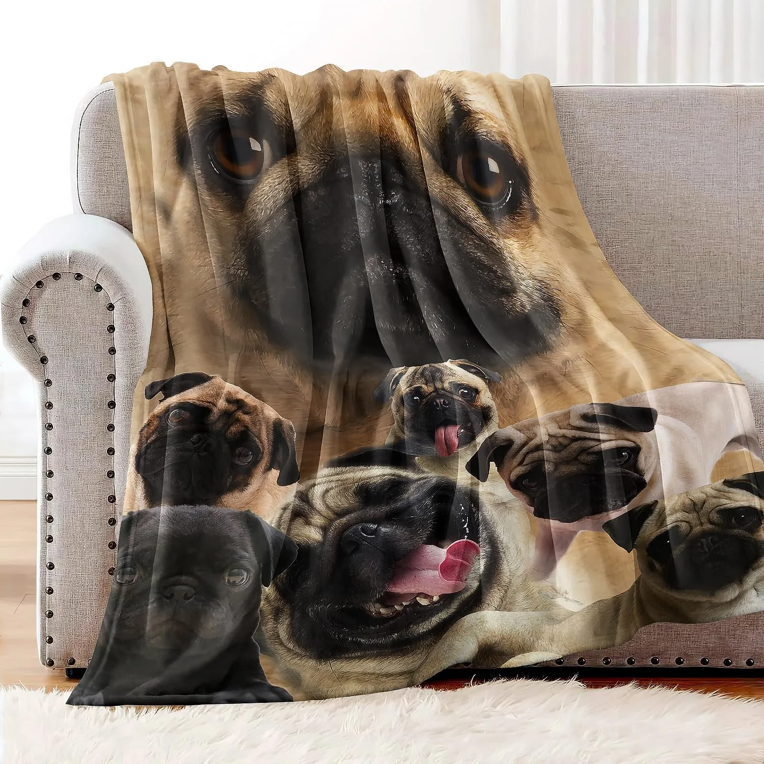 Одеяло YISUMEI 125 x 150 см Мягкое фланелевое одеяло Мягкое флисовое одеяло Покрывало на кровать Удобный мопс, фото №3