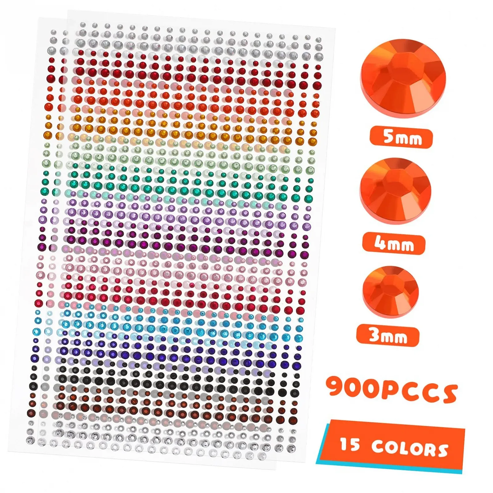 Наклейки зі стразами FRCOLOR 2 аркуші 15 кольорів 900 страз 3 мм 5 мм, фото №2
