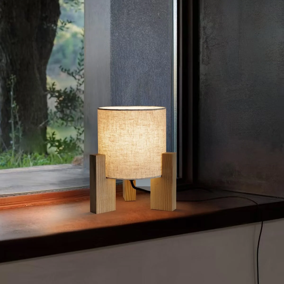 Настільна лампа Дерев'яна E27 Тканинний абажур 18 x 18 x 26 см Біла, фото №5