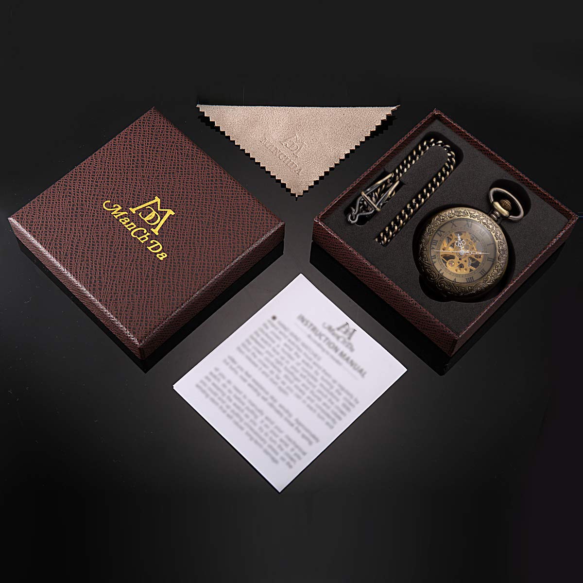 Кишеньковий годинник ManChDa Механічний Steampunk з ручним заводом, скелетон, напівмисливець, римські цифри, антикварний, з ланцюжком + подарункова коробка, фото №3