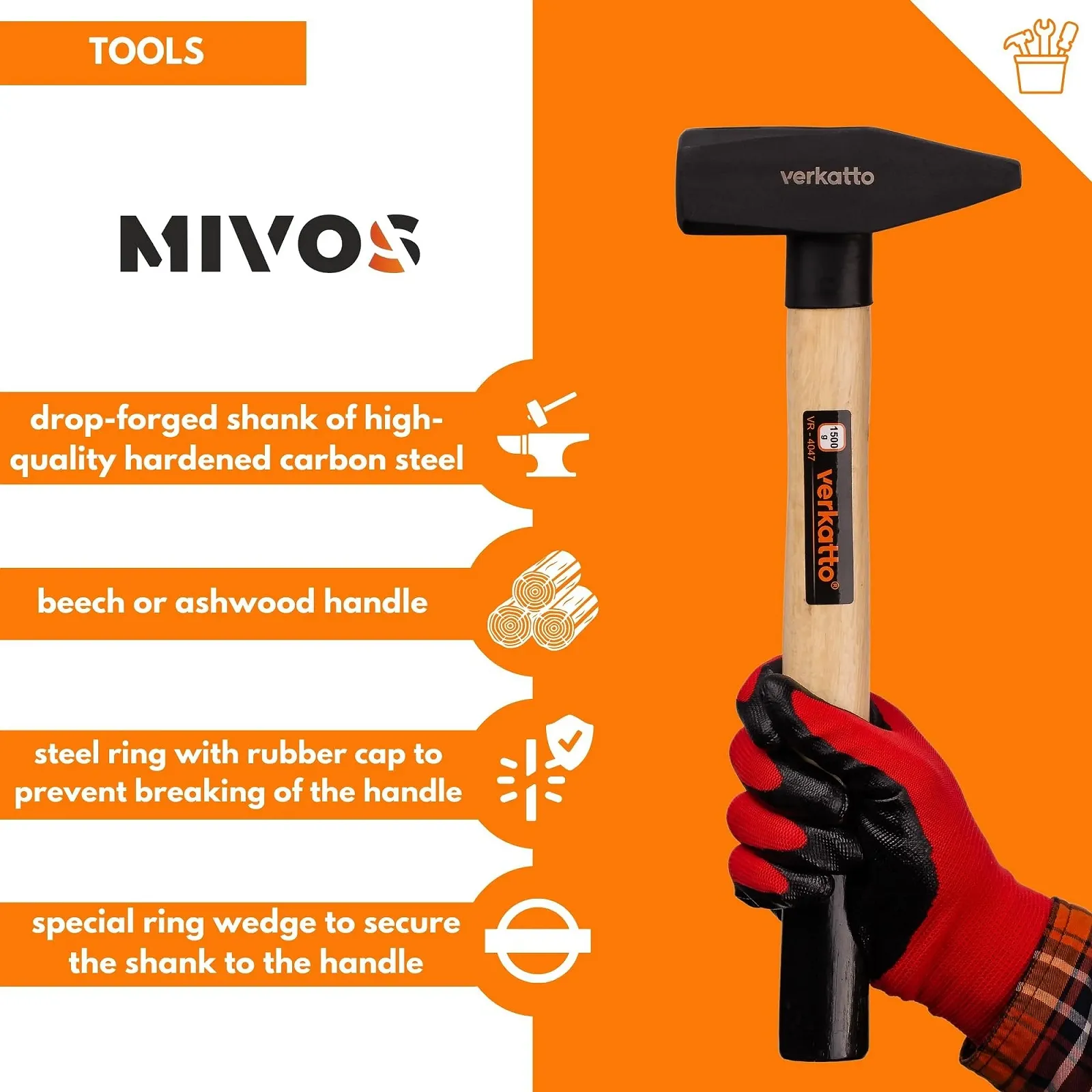 Слесарный молоток Mivos DIN 1041 1500 г с кованой стальной головкой и деревянной рукояткой, фото №3