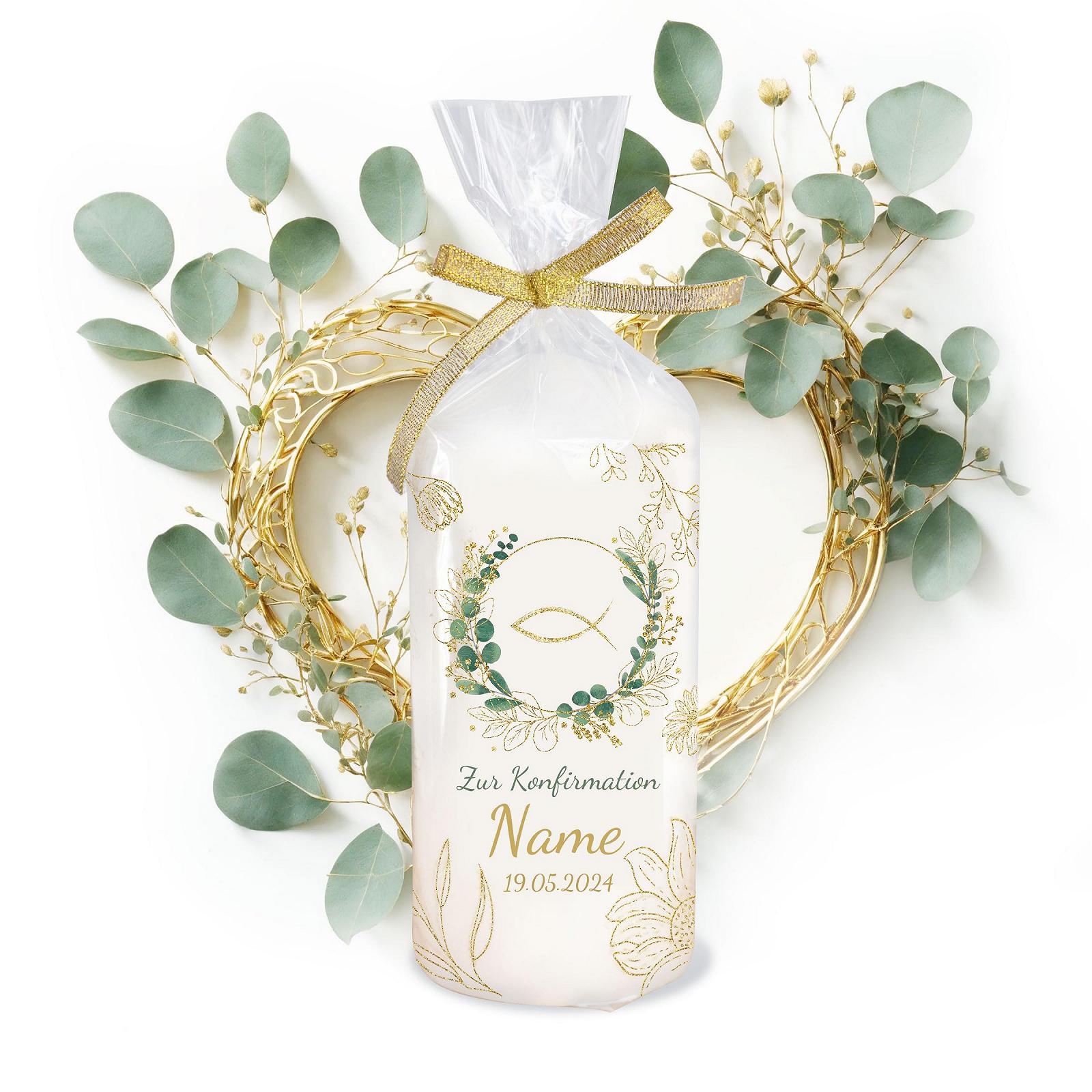 Свеча Personalised Confirmation с именем с эвкалиптовым венком и рыбкой временем горения 35 часов диаметр 6.8 x высота 15 см, фото №4 Свеча Personalised Confirmation с именем с эвкалиптовым венком и рыбкой временем горения 35 часов диаметр 6.8 x высота 15 см, фото №4