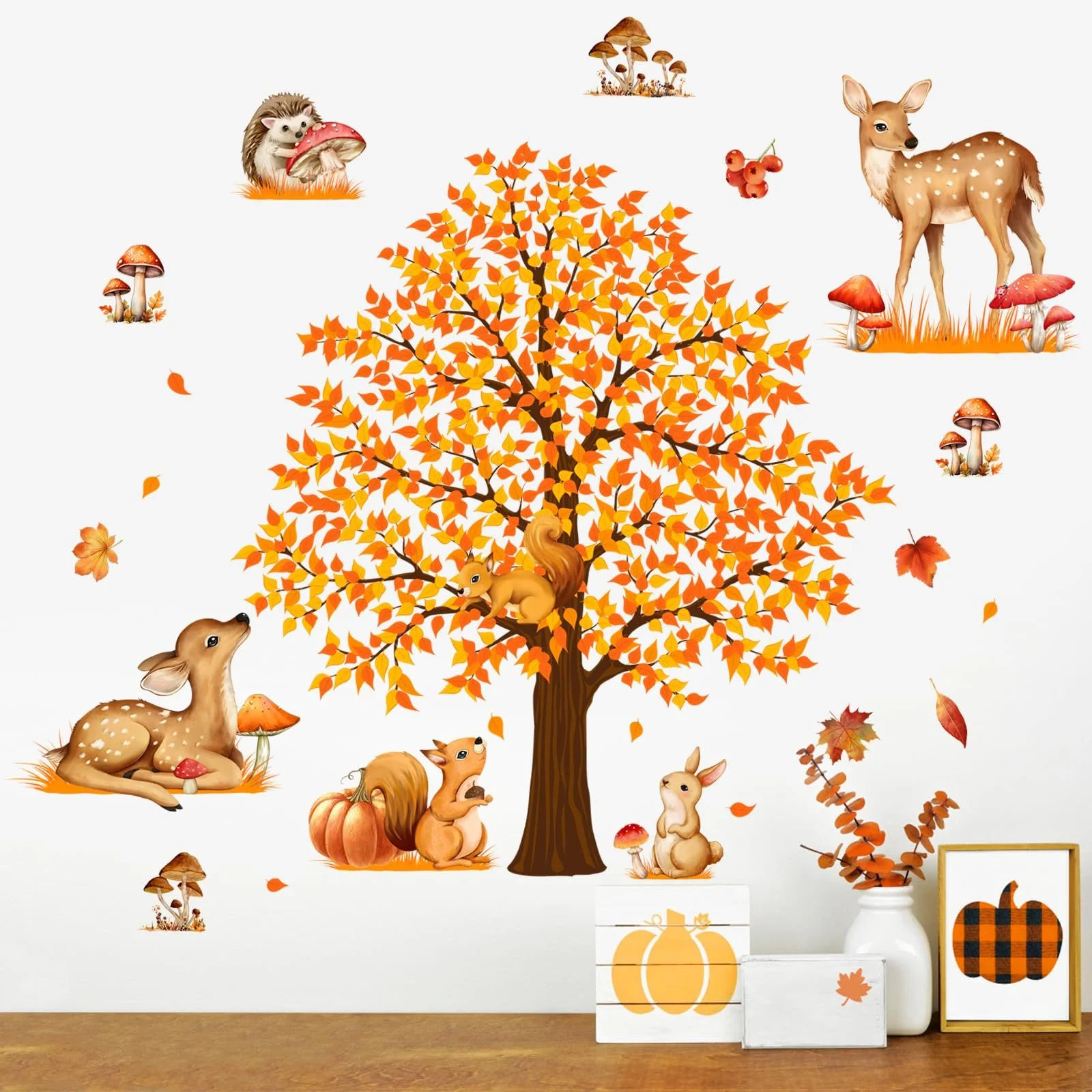 Наклейка на стіну Лісові тварини Олень, білка, їжак, гриби Для дитячої кімнати ПВХ Матова, фото №1