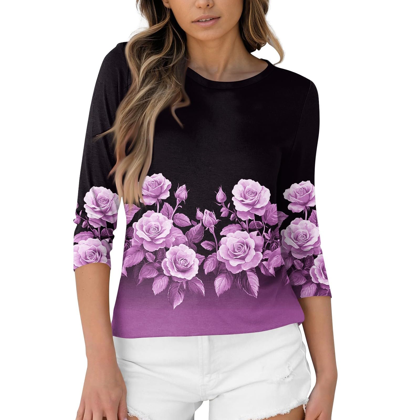 Женская футболка Generisch с рукавом 3/4, летняя, удобная, повседневная, с принтом, с круглым вырезом, свободная туника, спортивная, фото №4 Женская футболка Generisch с рукавом 3/4, летняя, удобная, повседневная, с принтом, с круглым вырезом, свободная туника, спортивная, фото №4