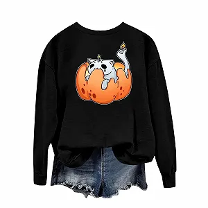 Хэллоуин 2025, мультяшная графика, кофта для девочек, с длинными рукавами и круглым вырезом, свитер со спущенными плечами, милые пуловеры, топы, футболка, спортивные костюмы для женщин - Фото 1