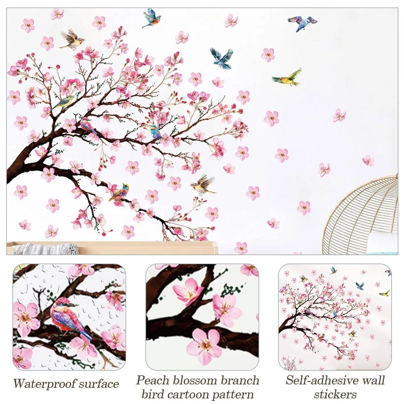 Наклейка на стіну Гілка квітучого персика та птахи Рожева, фото №4 Наклейка на стіну Гілка квітучого персика та птахи Рожева, фото №4