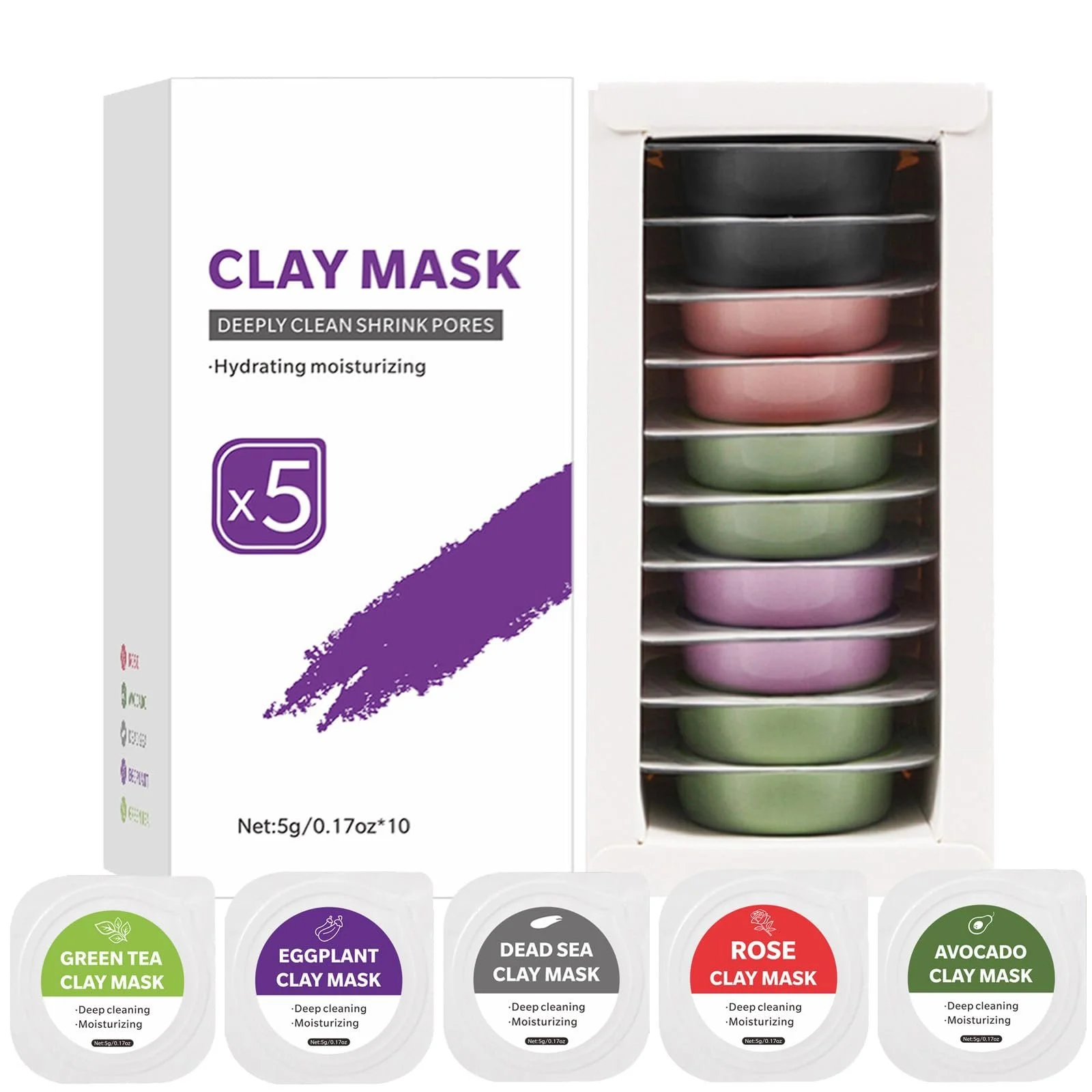 Маска Глиняна Soleneva Набір 10 шт Зелений Чай, Баклажан, Троянда, Грязь Мертвого Моря, Авокадо, фото №1