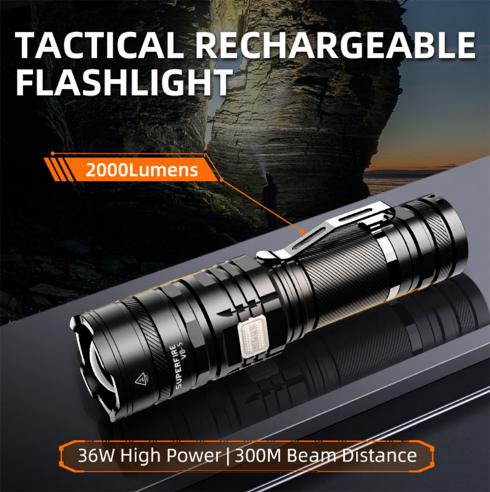Фонарь ручной аккумуляторный V8-S SuperFire 2000 Lumen IP34, фото №2