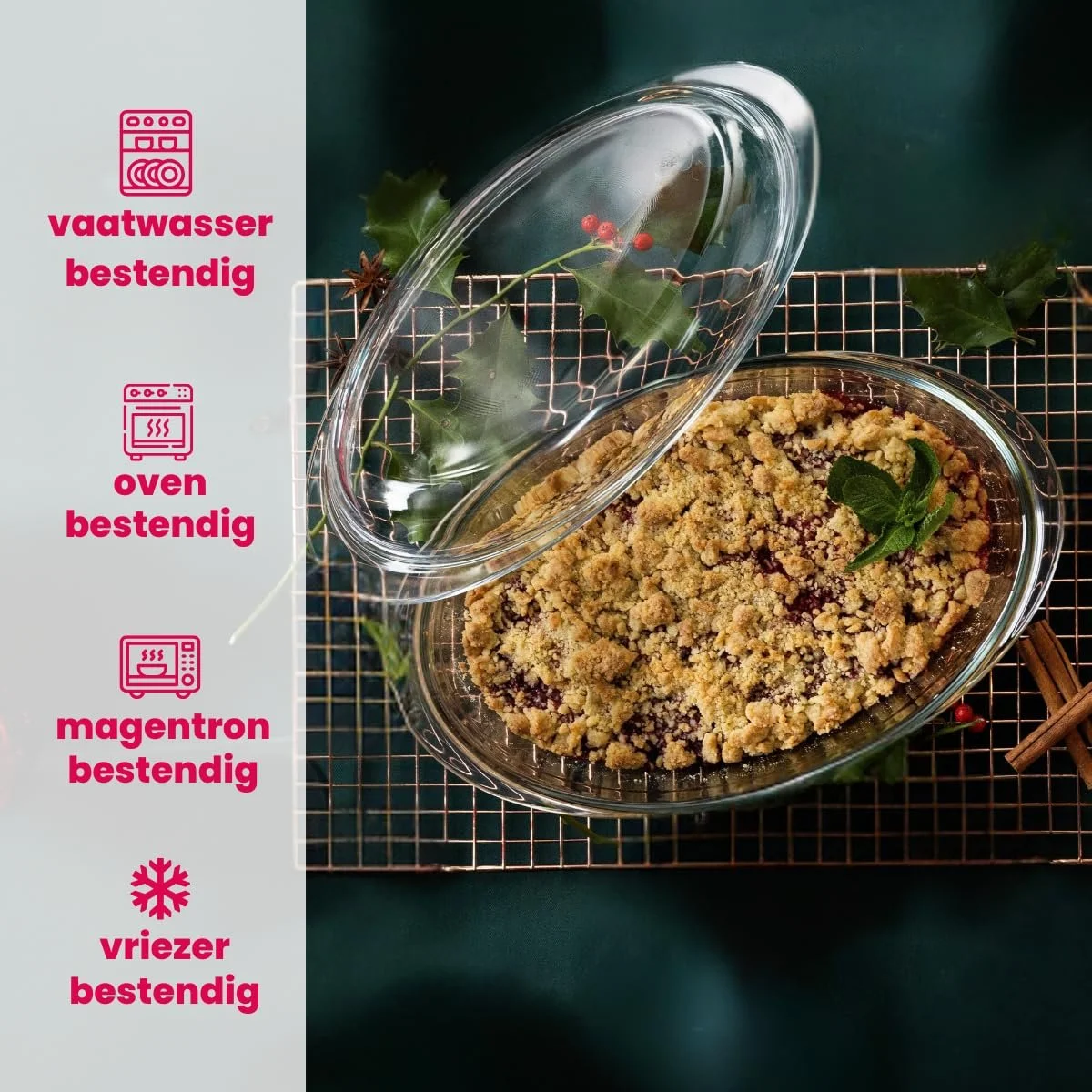 Кастрюля для запекания Стеклянная Термостойкая Овальная с крышкой 28 x 19 см 4 л, фото №2