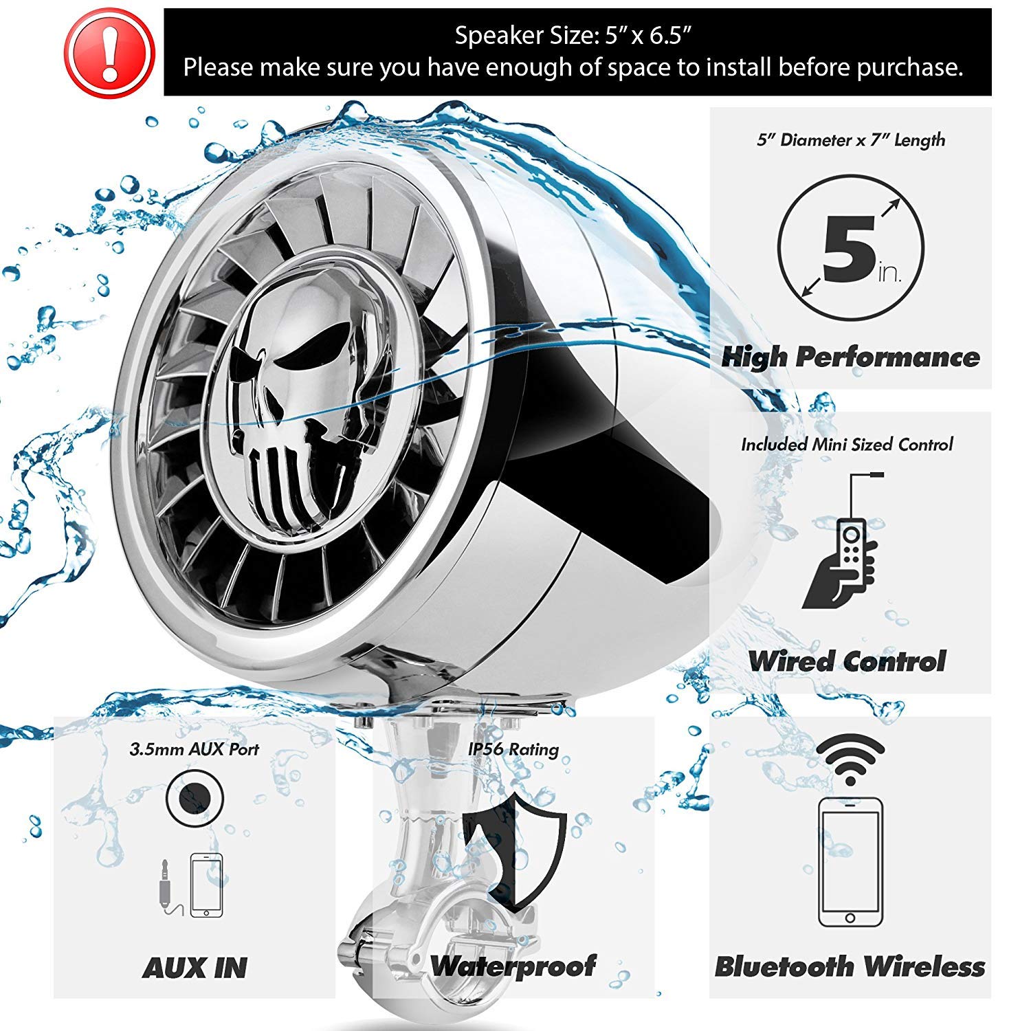 Динамик Aileap 5-дюймовый Водонепроницаемый Bluetooth Стерео системы с мощным басом для лодок с AUX MP3 USB Идеально для Harley Motorcycles ATV/UTV/RZR Хромированный, фото №2