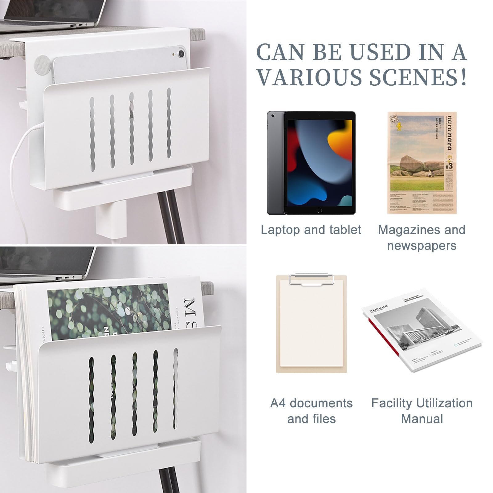 Настольный органайзер для стола Держатель ПК Подвесной стальной органайзер для стола Без сверления Кабельный канал Держатель кабеля с держателем для ручек для офиса дома (одинарный слой белый), фото №7