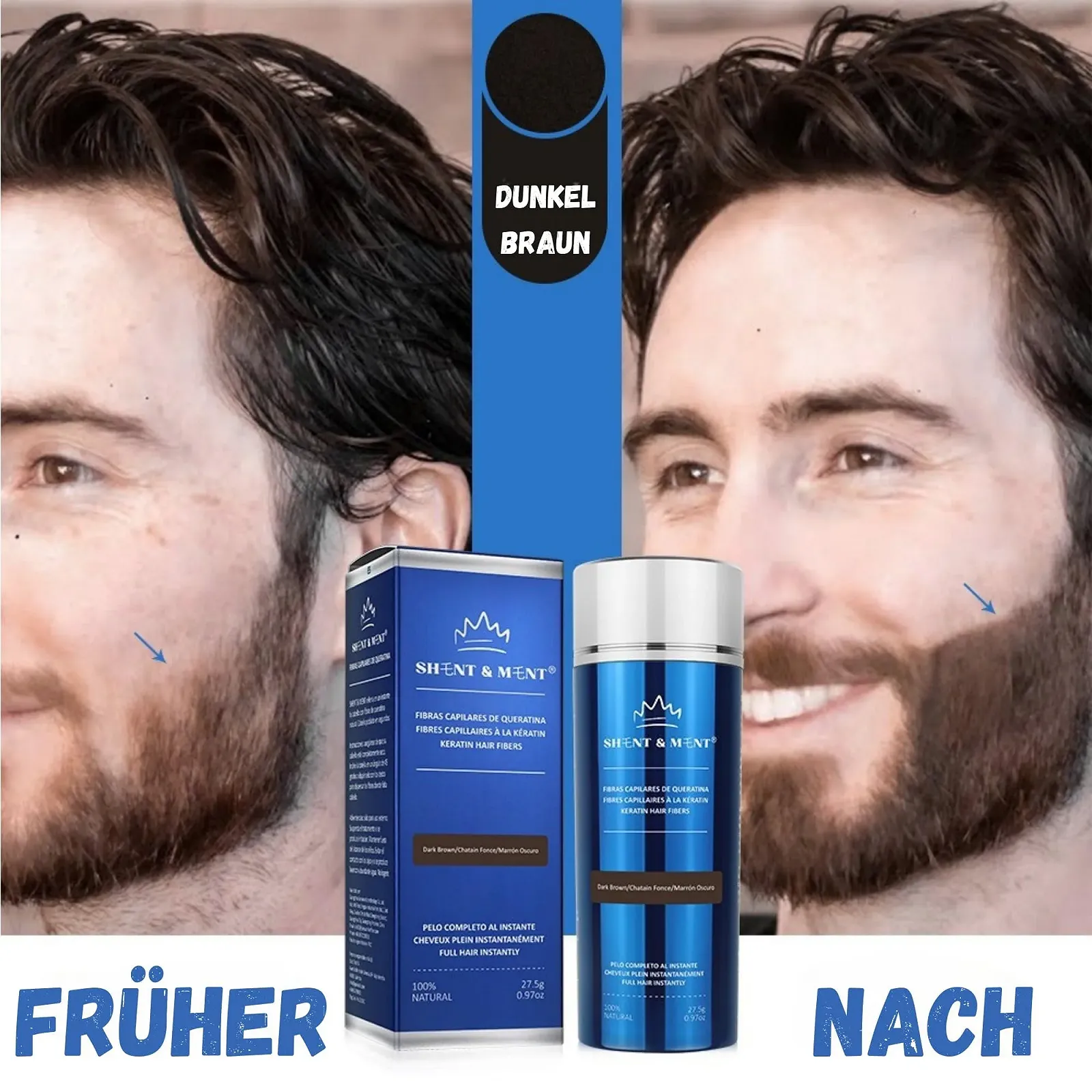 Волокна для волосся SHENT & MENT Кератин Для миттєвого об'єму Проти випадіння волосся/залисин Світло-коричневий 27.5 г, фото №8