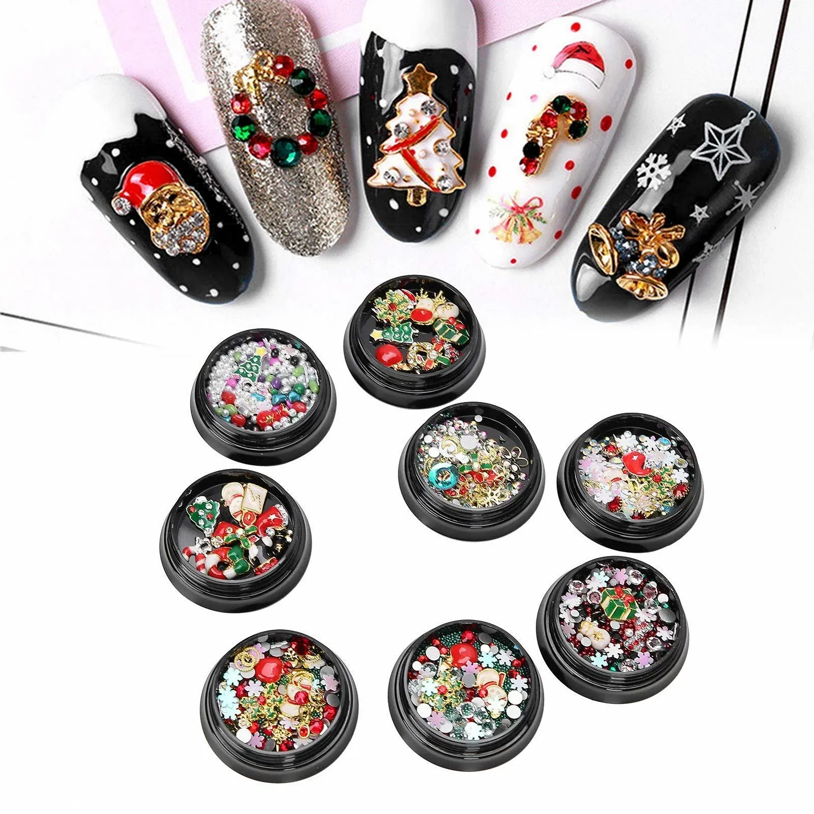 Стразы для ногтей Рождественские 8 коробок, Рождественские украшения для ногтей, Металлические пуговицы для ногтей, Рождественский декор для ногтей, фото №7