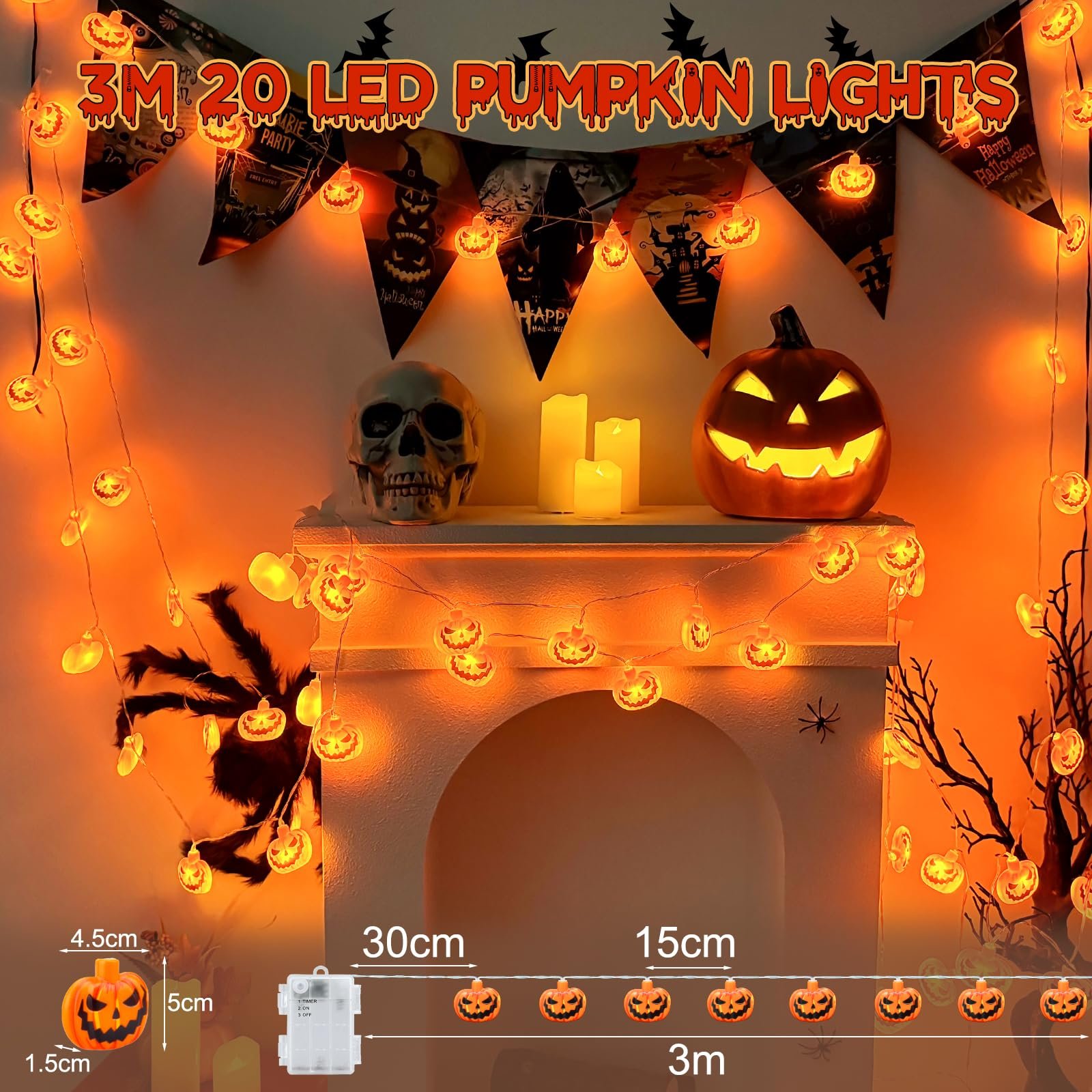 Гирлянда Dalugo Halloween Fairy Lights, 3 м, 20 LED, тыква, с таймером 6 часов, IP65 водонепроницаемая, фото №5