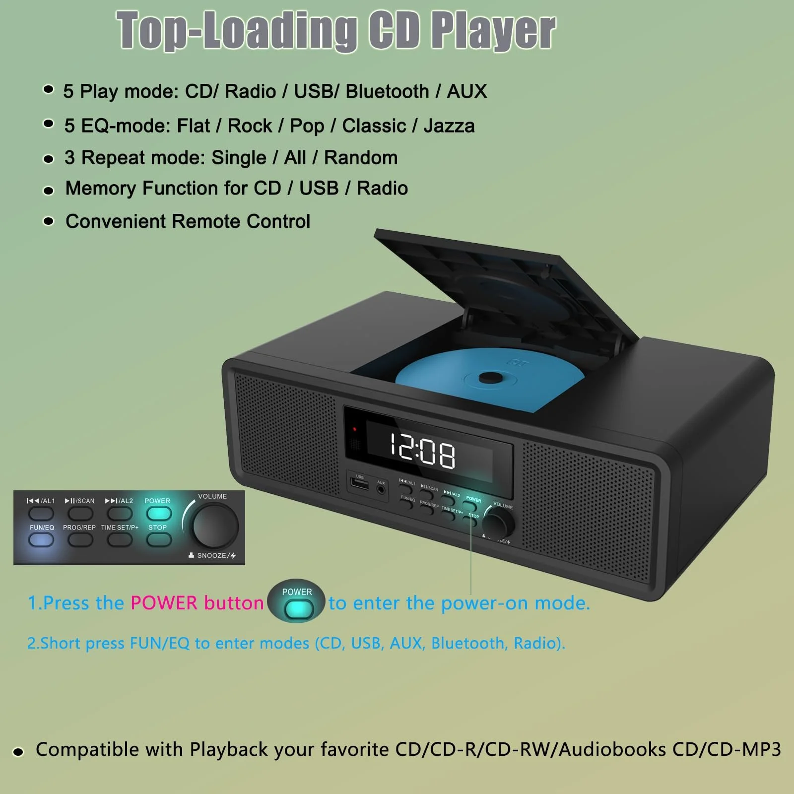 CD-проигрыватель WISCENT Home Stereo System с Bluetooth, FM-радио, Aux-In, USB, часами, двойным будильником, фото №5